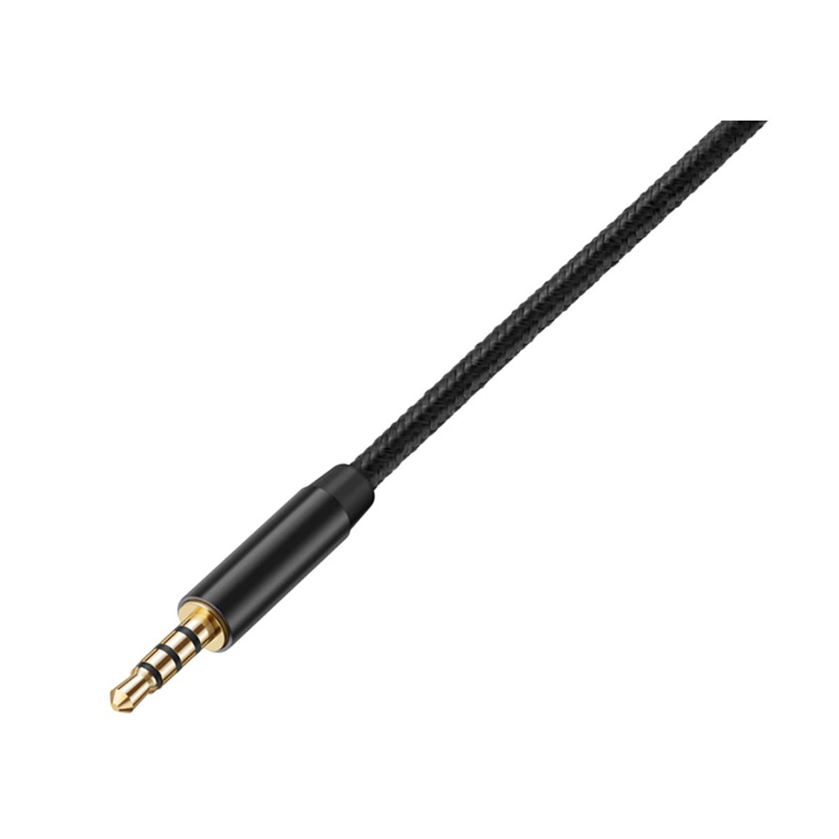Ein schwarzes Audiokabel mit vergoldetem Stecker. Das Kabel hat eine gewebte Textur. Der Hintergrund ist weiß.