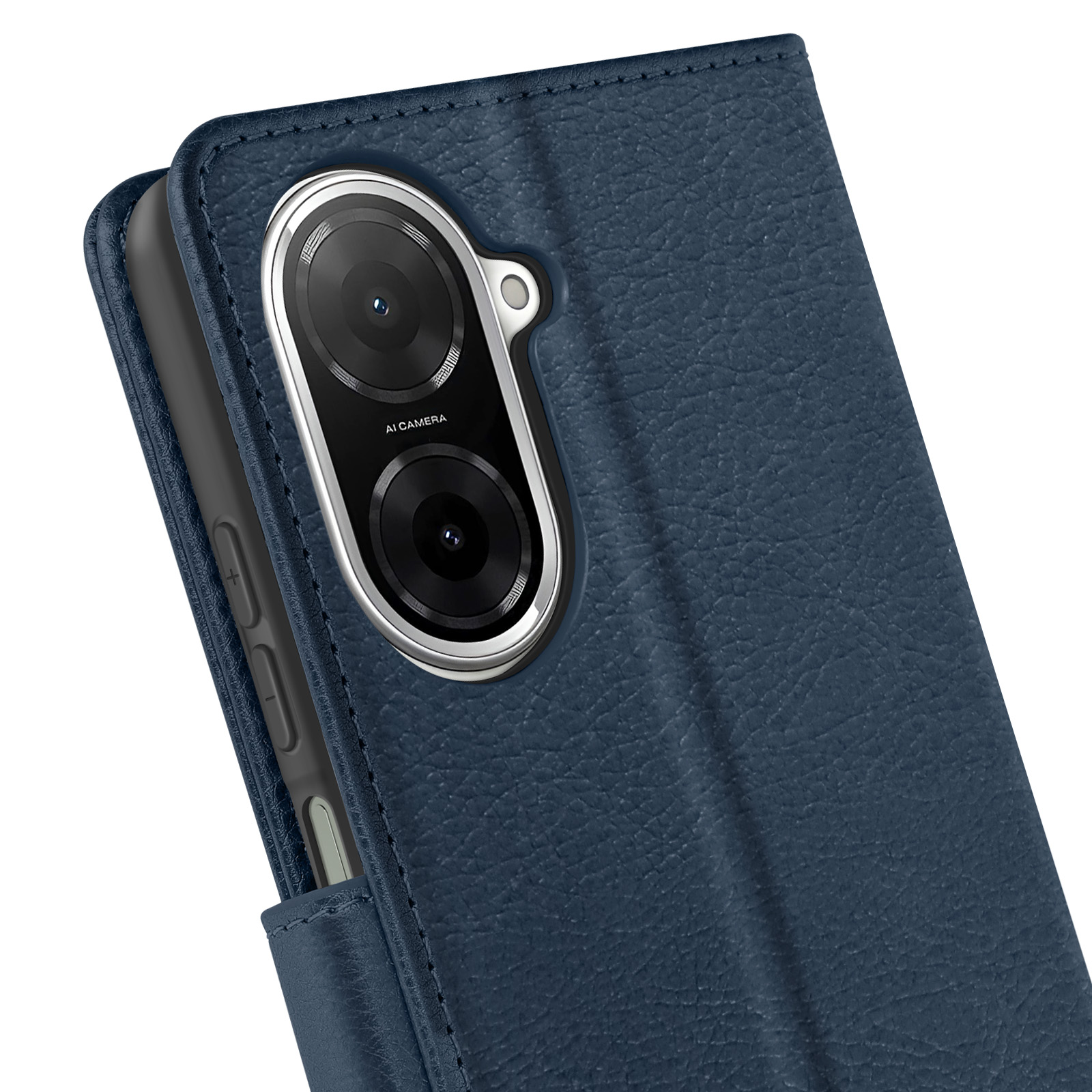 Primo piano di una custodia per telefono in pelle blu con la fotocamera del telefono visibile. 'AI CAMERA' è stampato sotto le lenti.