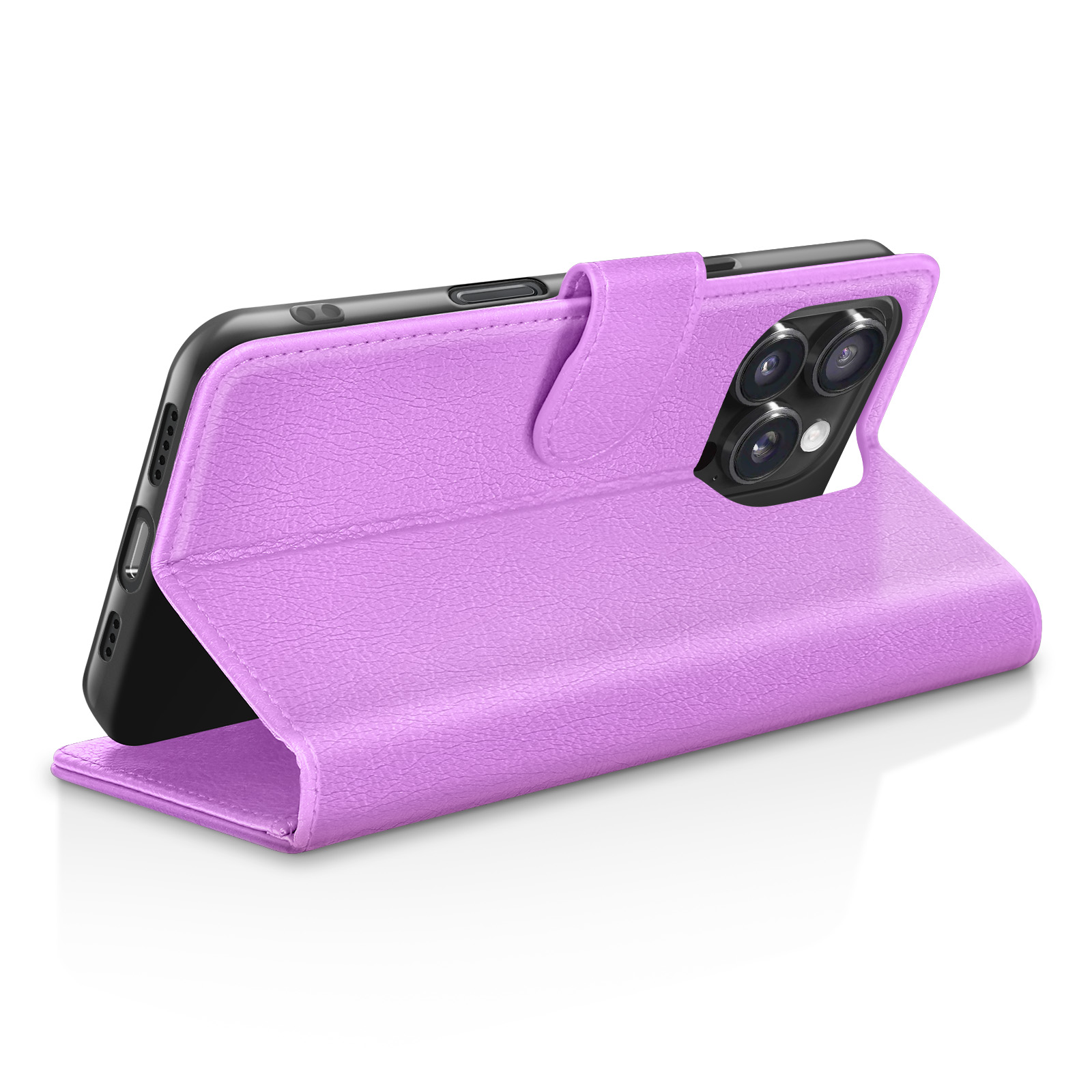 Een lavendelkleurige telefoonhoes met een telefoon erin. De hoes is open en schuin, de camera's van de telefoon tonend.
