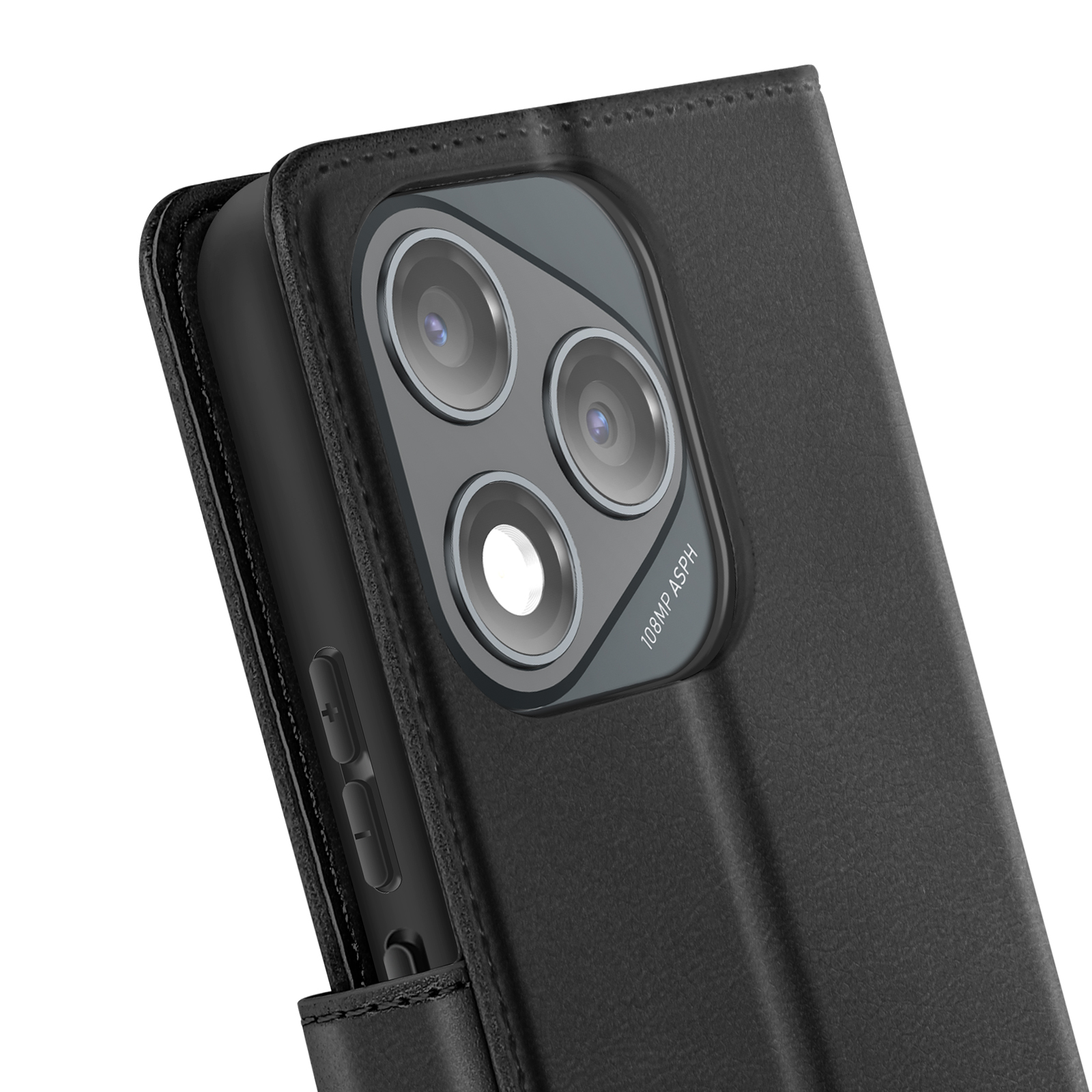 Custodia nera per telefono con un telefono. Il telefono ha tre fotocamere. La custodia è in pelle.