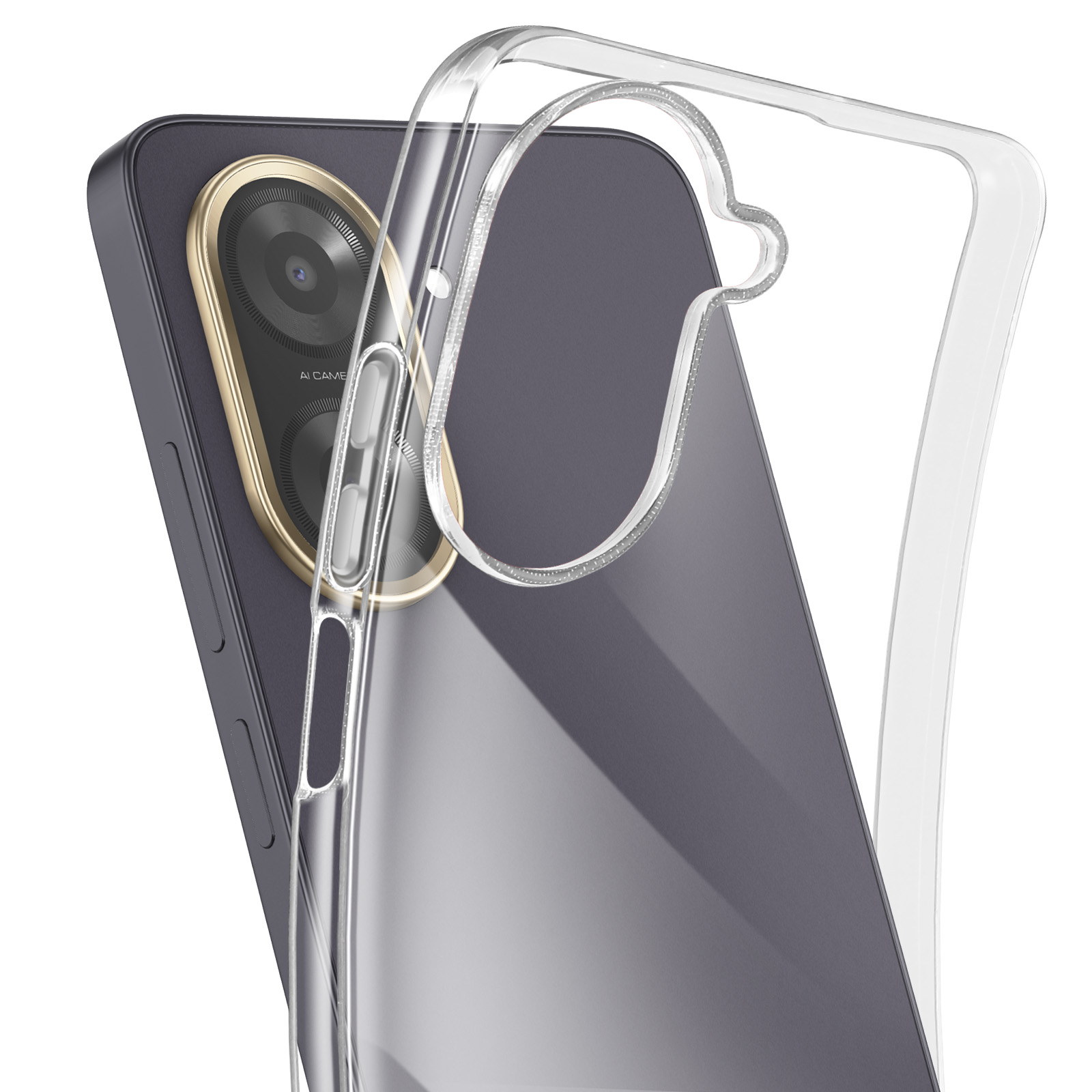 Un telefono in una custodia trasparente. Il telefono è grigio con un anello dorato per la fotocamera. La custodia è trasparente.
