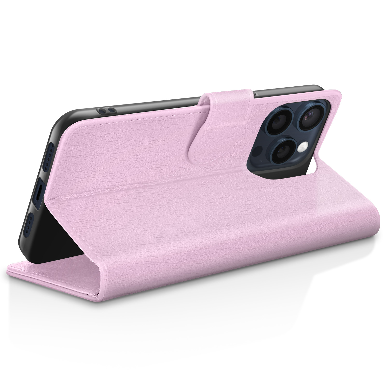 Een roze telefoonhoes is open en toont een zwarte telefoon. De hoes is leerachtig, met een magnetische sluiting.