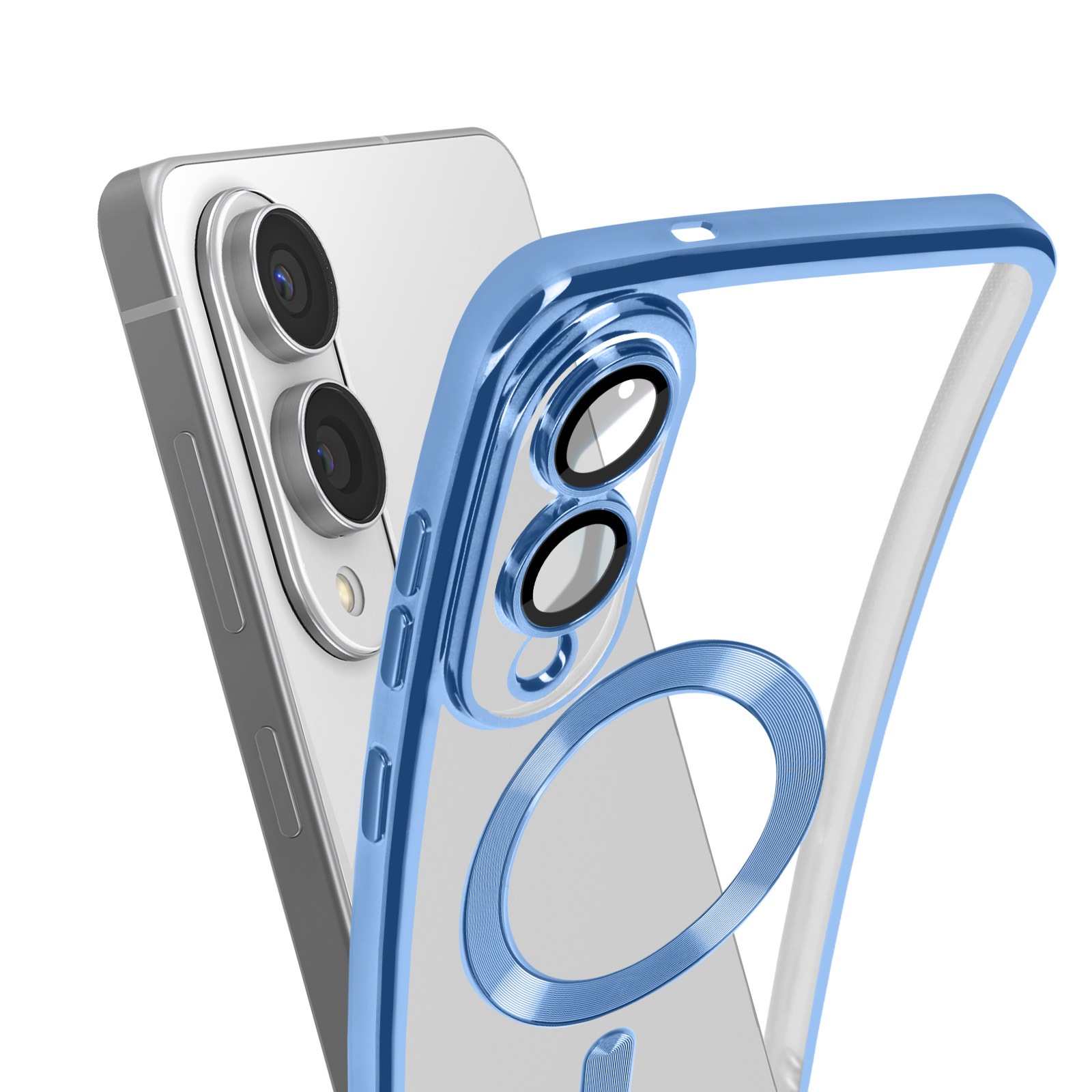Un telefono con una custodia blu trasparente. Il telefono ha lenti argentate. La custodia ha un anello blu sul retro.