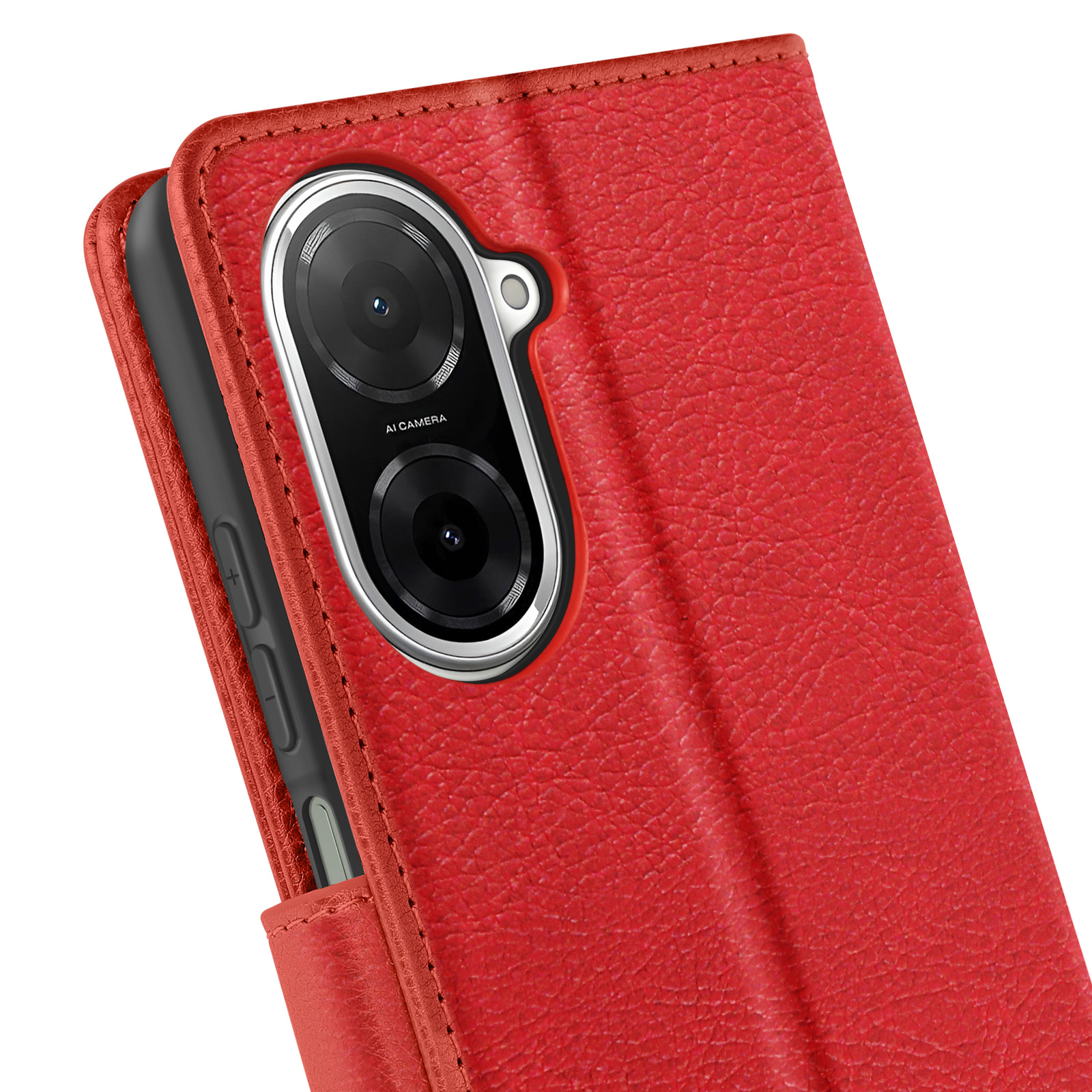 Custodia rossa per telefono con dettaglio fotocamera. La custodia è aperta, rivelando la fotocamera e i pulsanti del telefono.