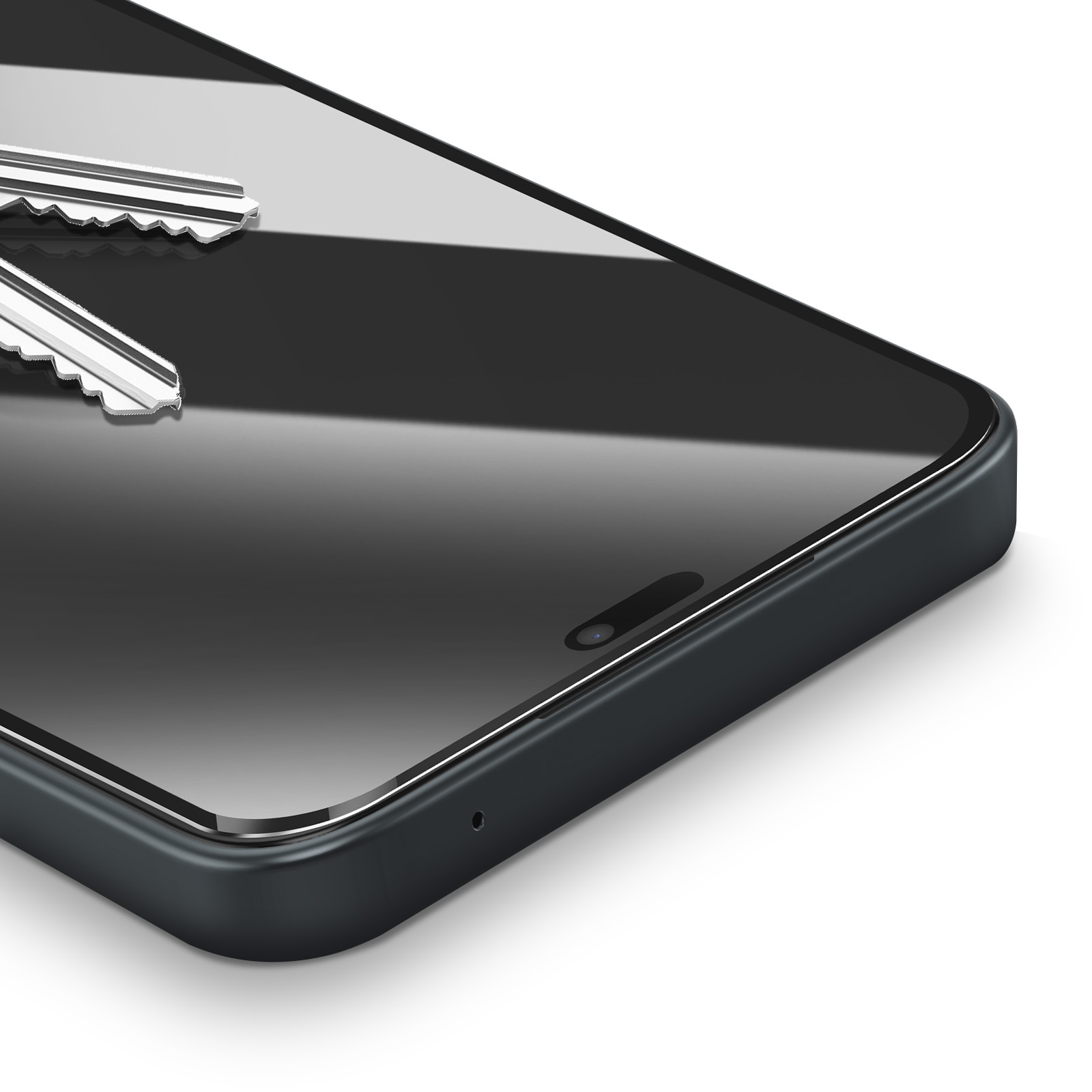 Uno smartphone con chiavi riflesse sullo schermo. Il telefono è grigio scuro, le chiavi sono argentate.