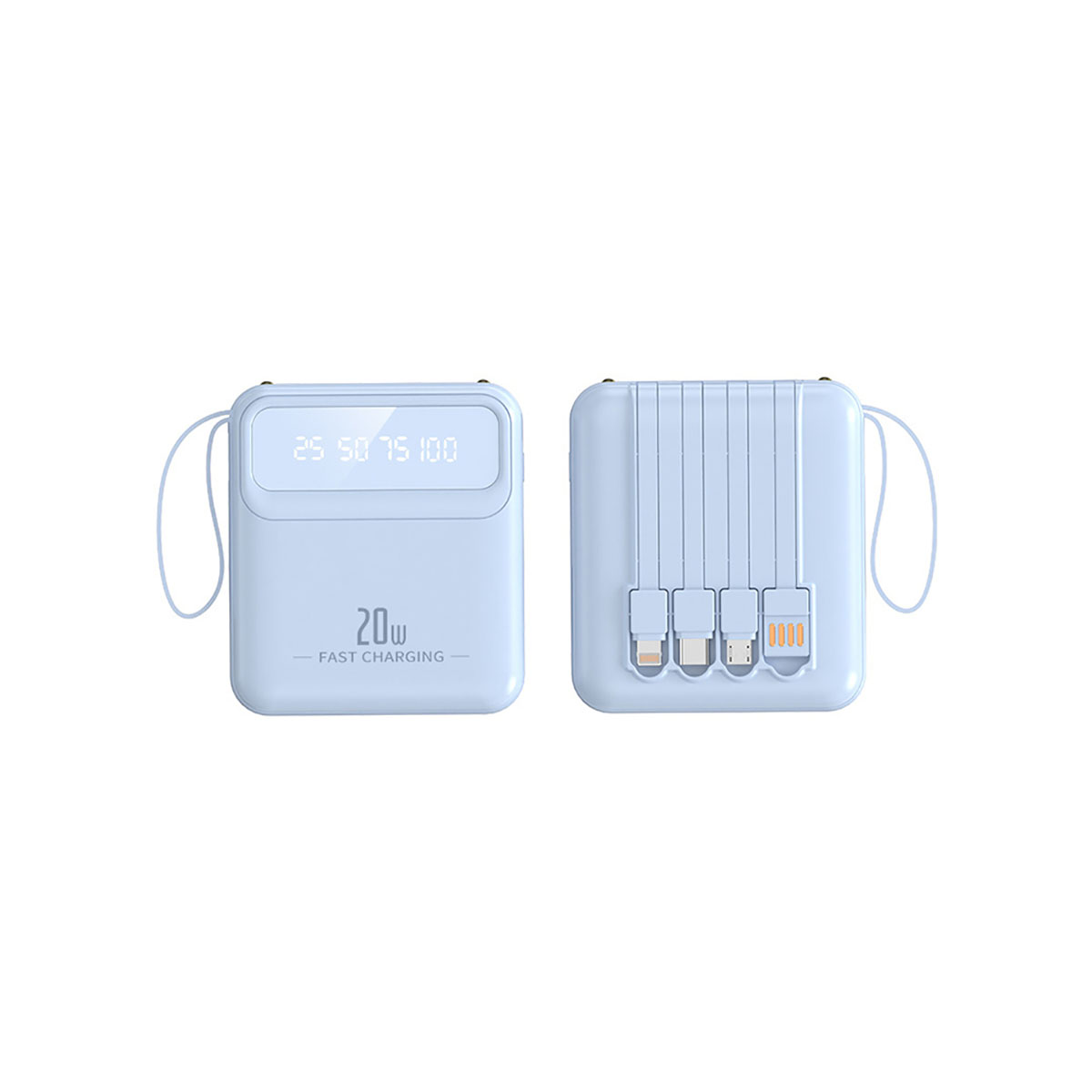 Eine hellblaue Powerbank mit zwei Seiten. Eine Seite zeigt den Batteriestand. Die andere Seite hat Ladeanschlüsse und Kabel.