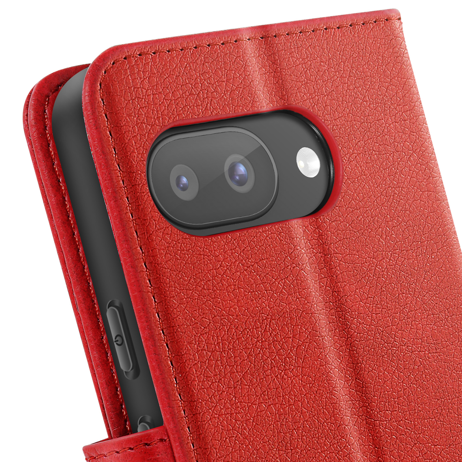 Custodia per telefono in pelle rossa con doppia fotocamera e flash. Pulsante di accensione visibile.