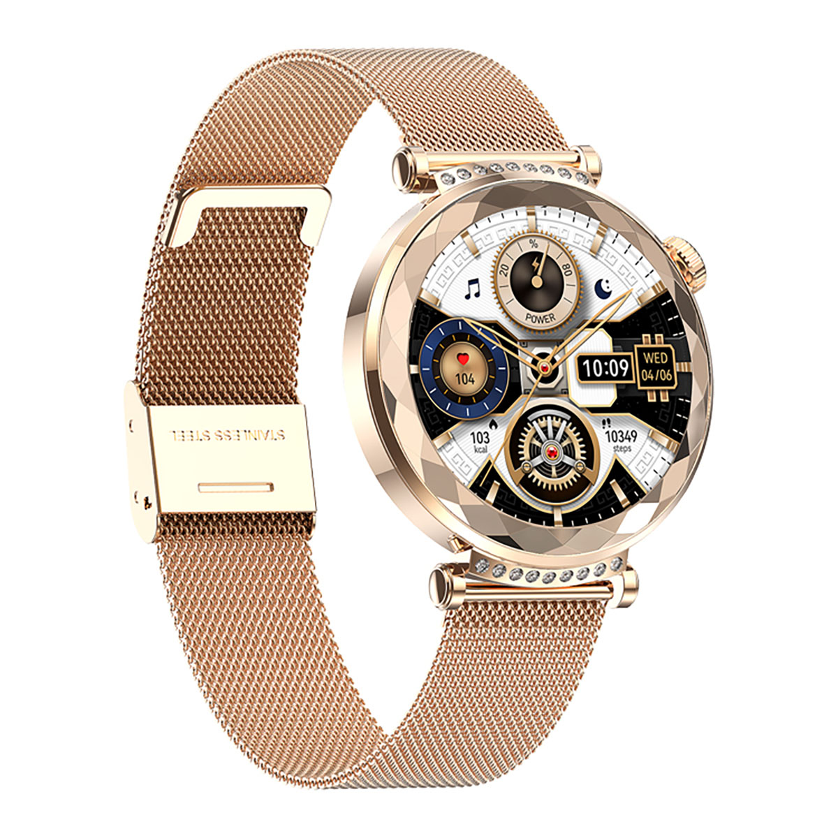 Une montre connectée or rose avec un bracelet en maille. Le cadran affiche l'heure, les pas, la puissance et la fréquence cardiaque. Sur fond blanc.