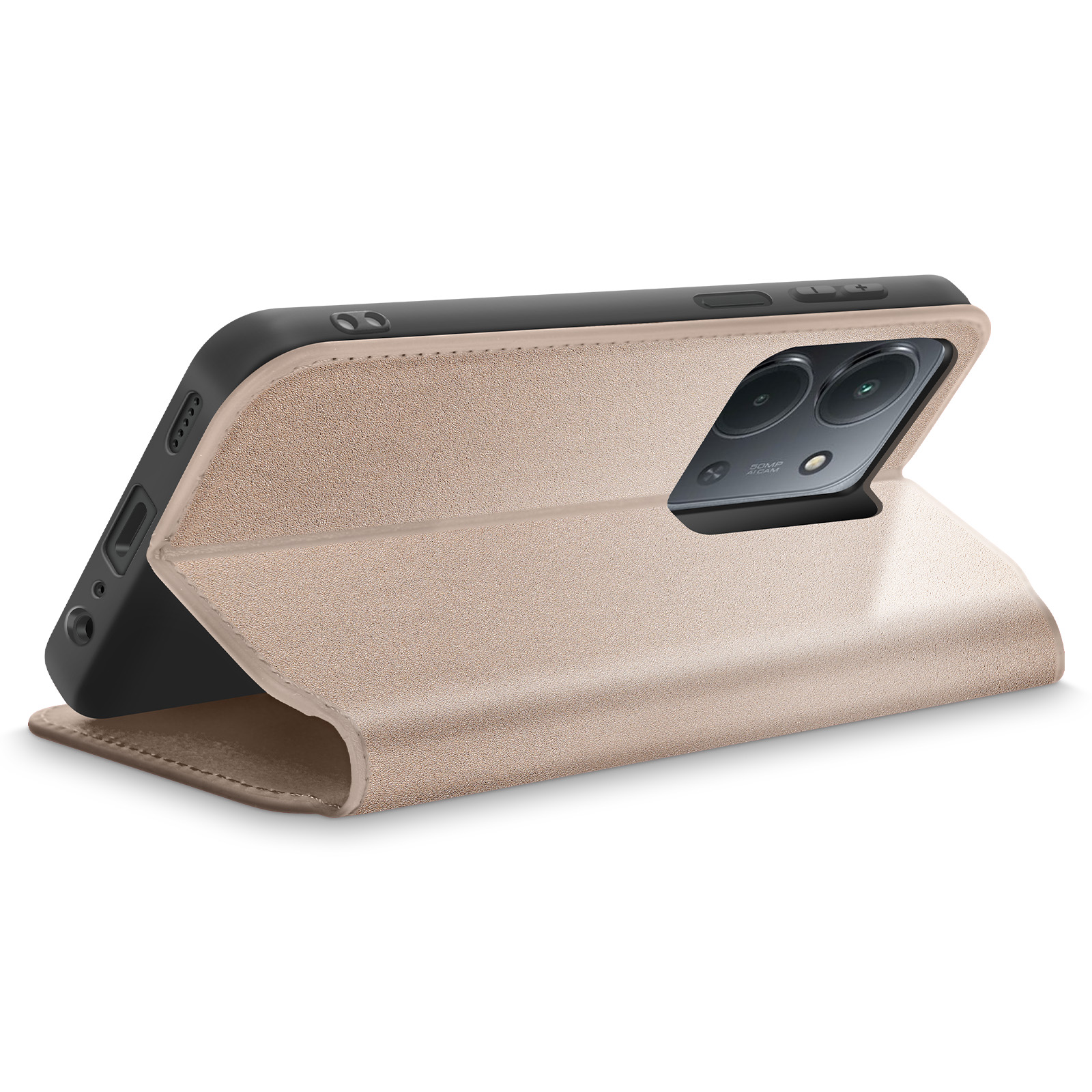 Telefono in custodia beige, parzialmente aperto. Il telefono è nero. La custodia è strutturata. Lo sfondo è bianco.