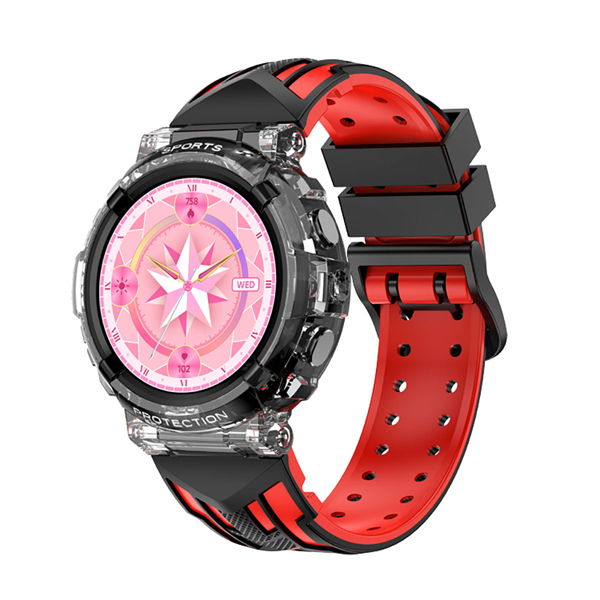 Une montre connectée avec un cadran rose, un bracelet noir et rouge. Le cadran affiche des chiffres et un design en forme de boussole.