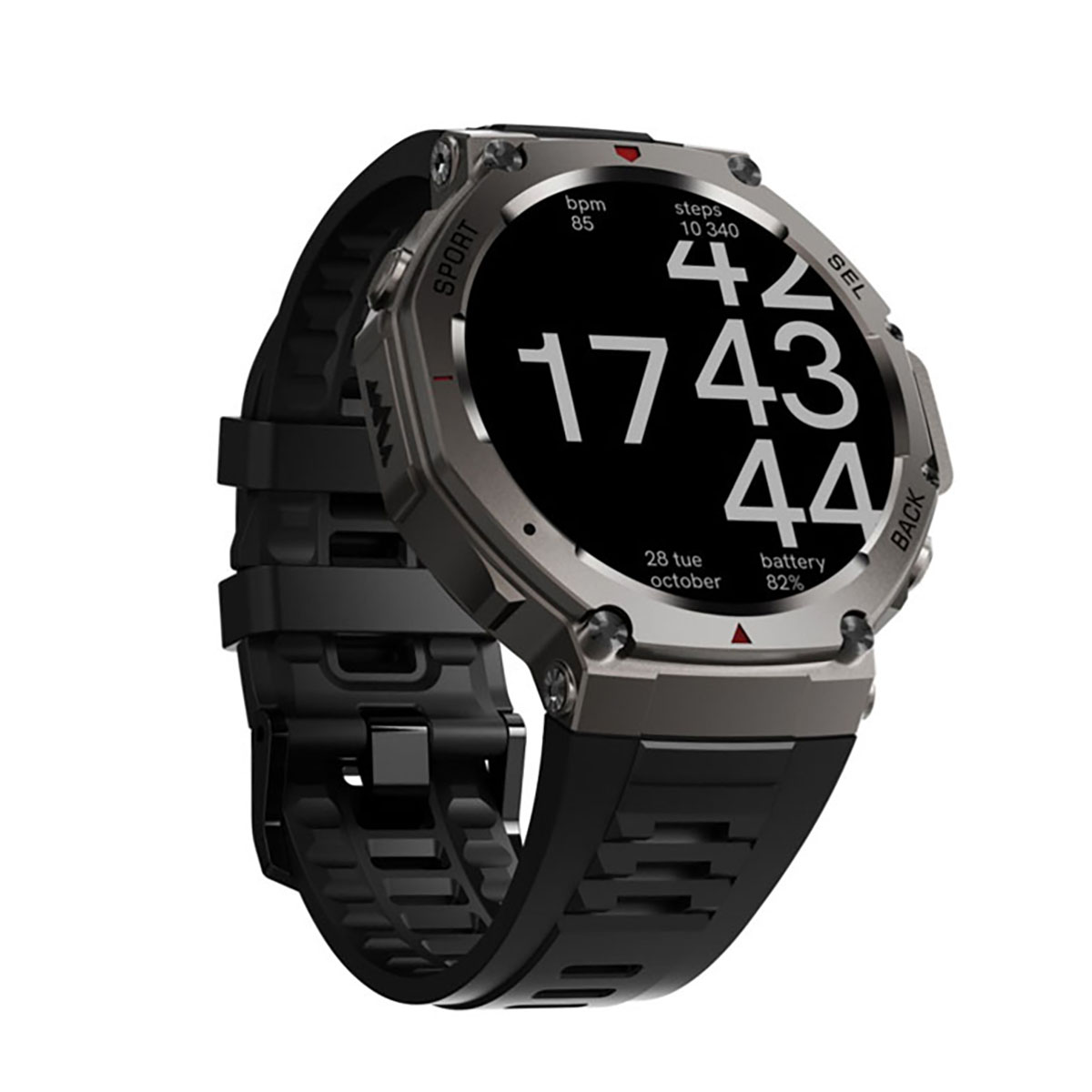 Eine Smartwatch mit schwarzem Bildschirm, der Zeit, Schritte und Akku anzeigt. Sie hat eine Metallblende und ein schwarzes Armband.