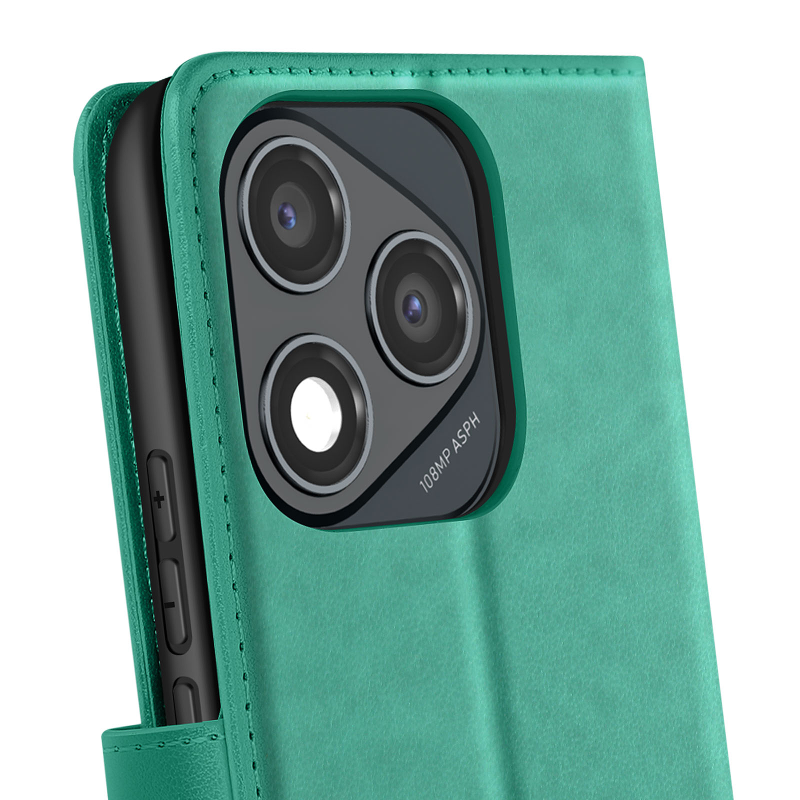 Una custodia verde per telefono con un telefono all'interno. Il telefono ha una fotocamera con tre lenti. La custodia ha cuciture.