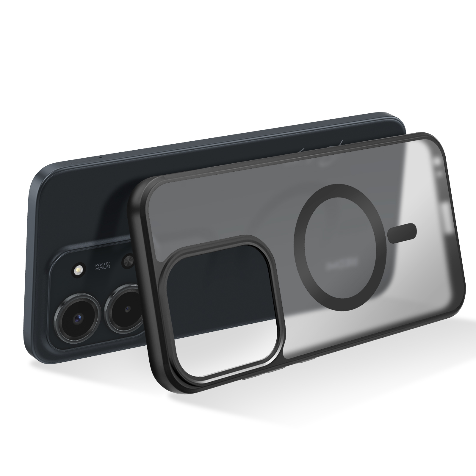 Un téléphone sombre avec une coque transparente est montré. La coque a un cadre noir et un grand design circulaire.