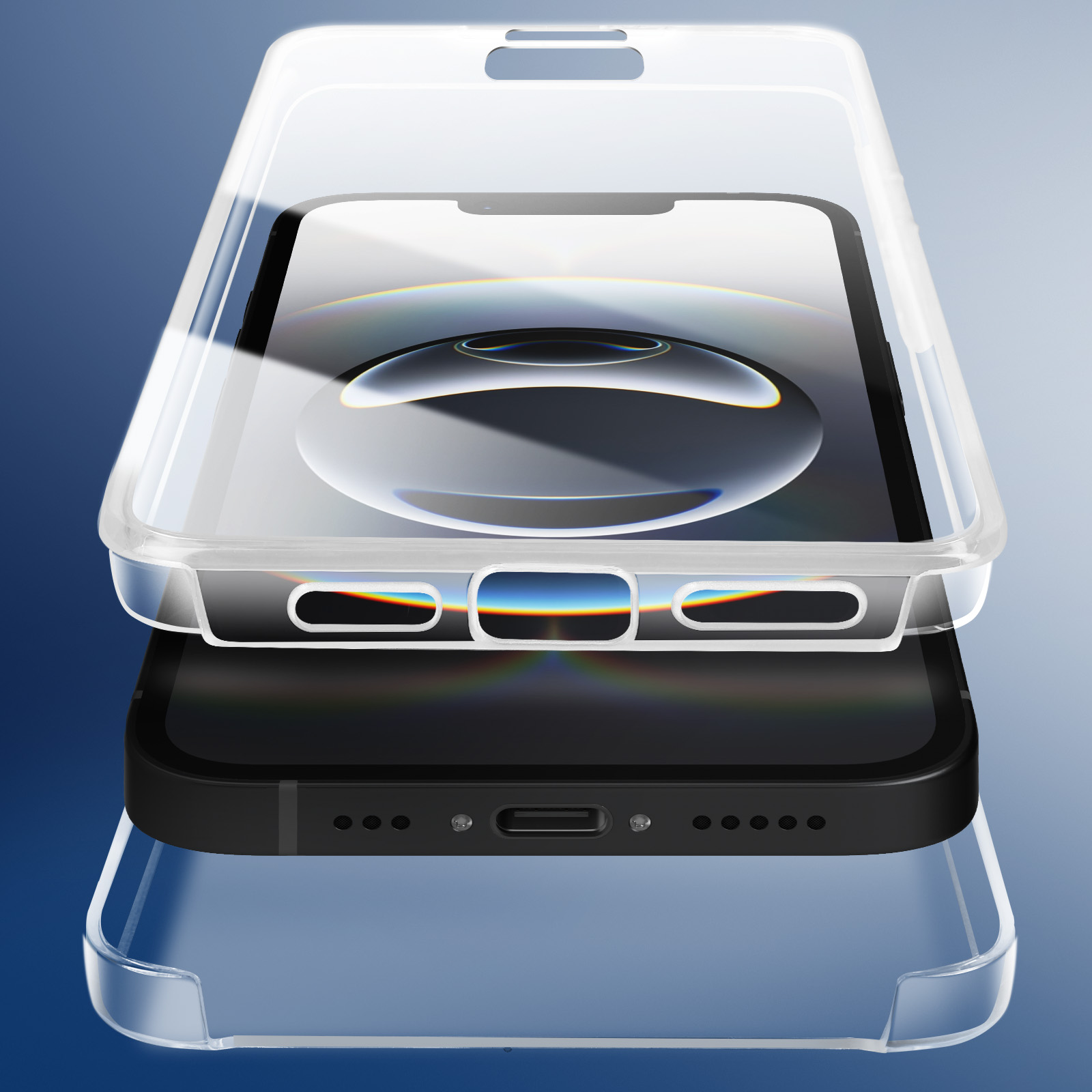 Un téléphone dans un étui transparent est affiché. Le téléphone est noir, l'étui transparent. Le fond est bleu dégradé.