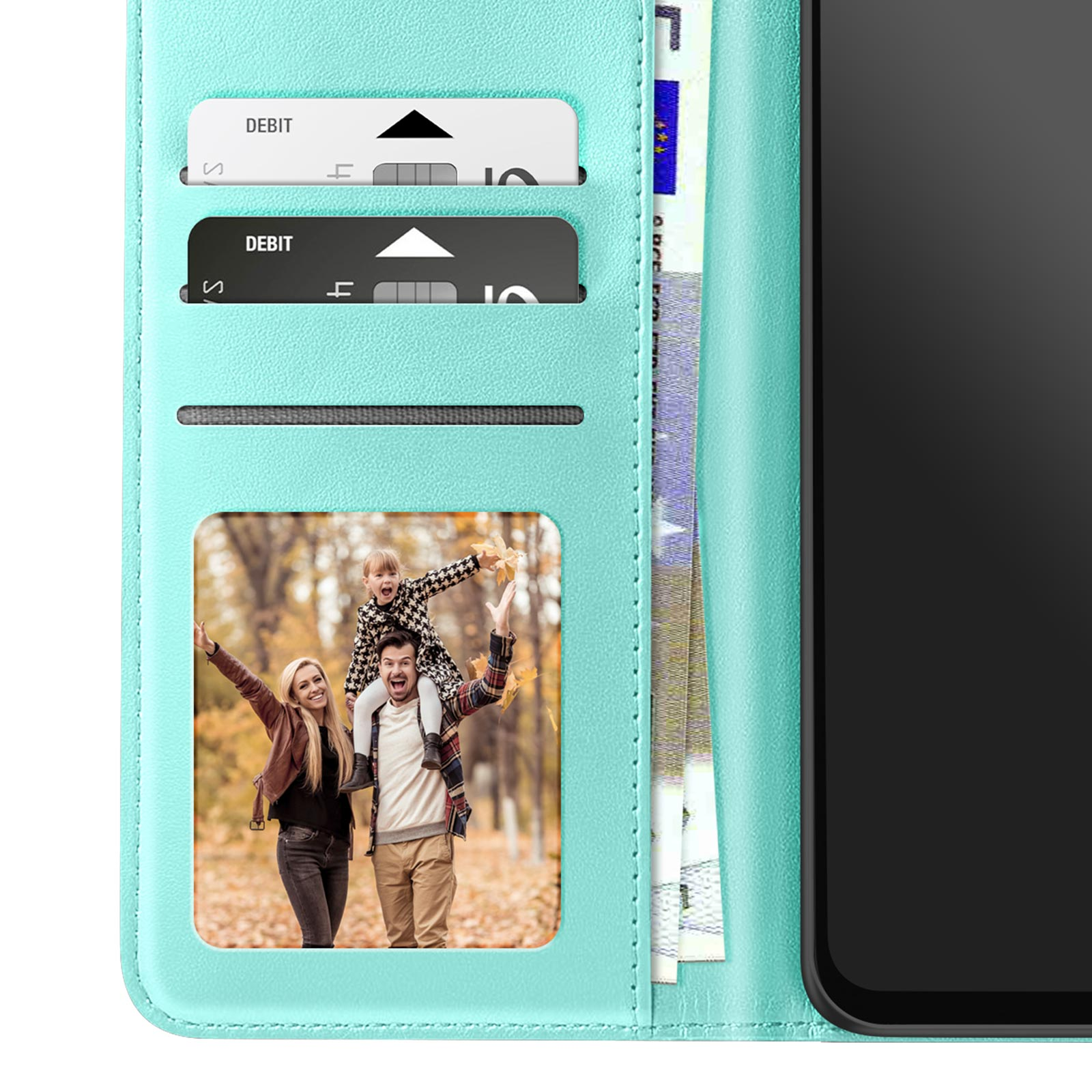Una custodia per telefono con foto di famiglia. Sono visibili anche carte di debito e contanti.