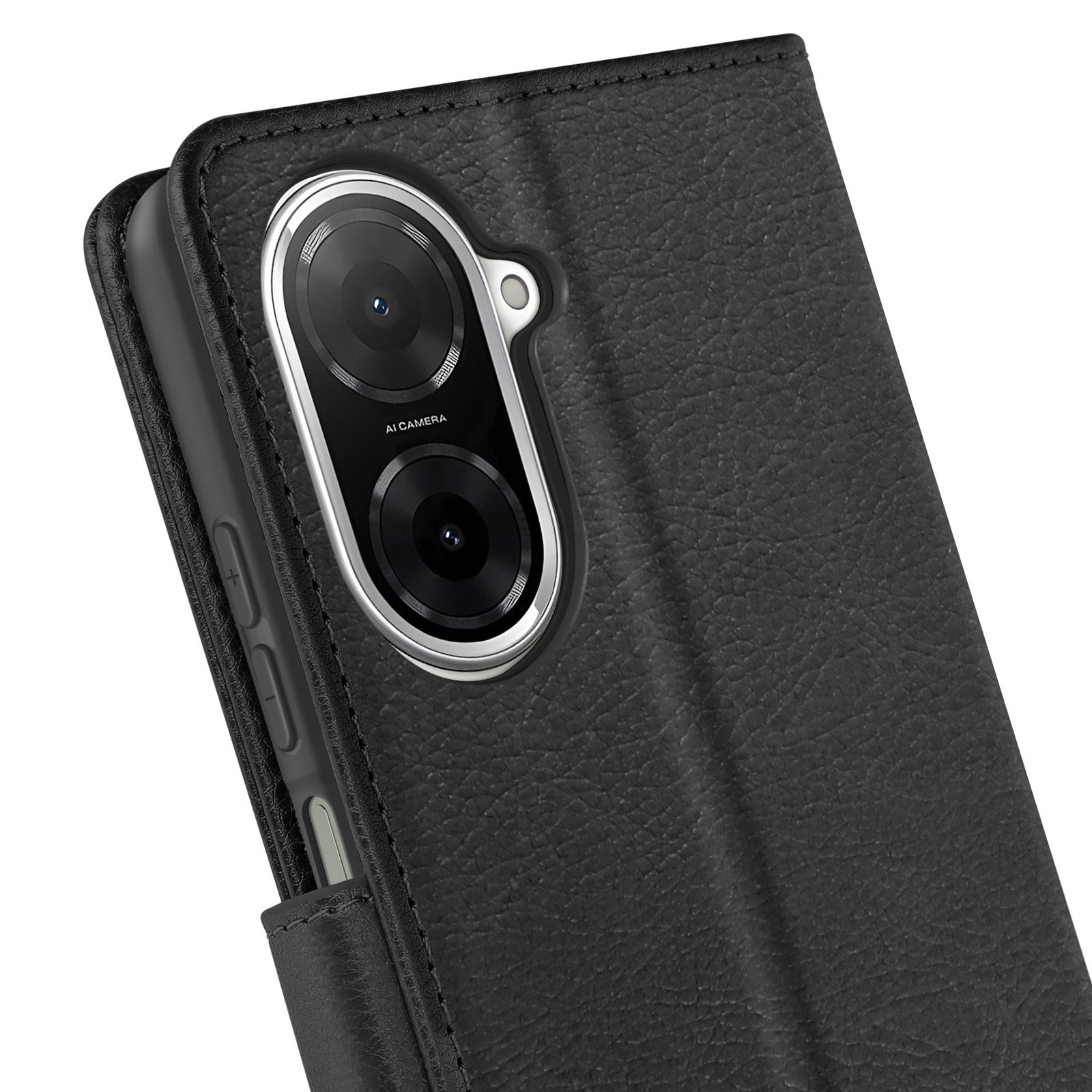 Gros plan d'un étui de téléphone noir avec un module caméra. L'étui a une surface texturée et est partiellement ouvert.