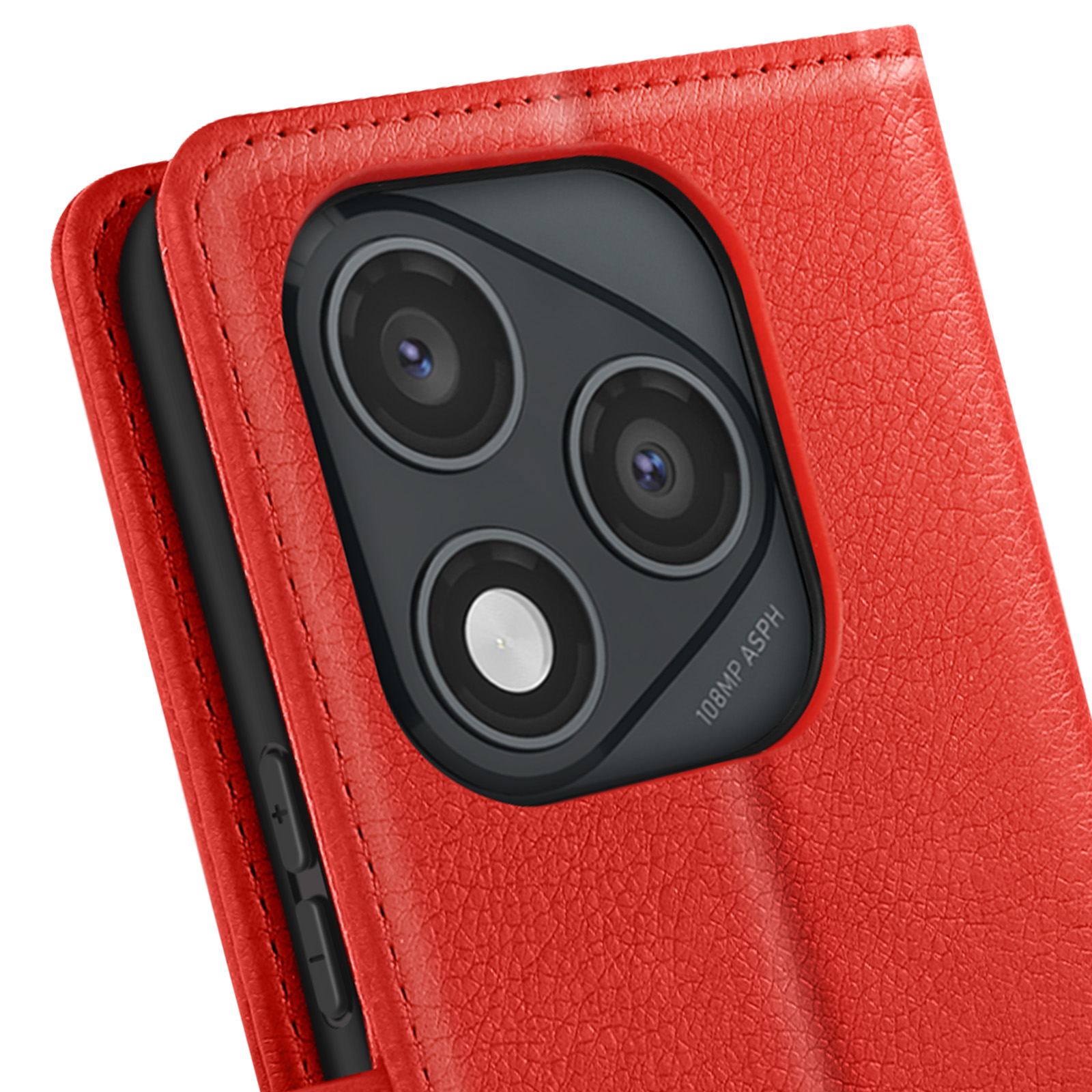 Primo piano di una custodia per telefono in pelle rossa con modulo fotocamera nero con più lenti.