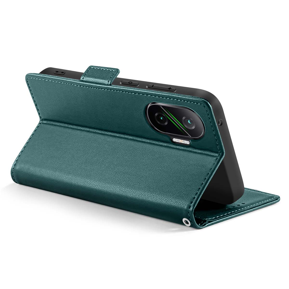 Una custodia per telefono verde acqua con un telefono all'interno è aperta. La custodia è simile alla pelle con cuciture e una chiusura magnetica.