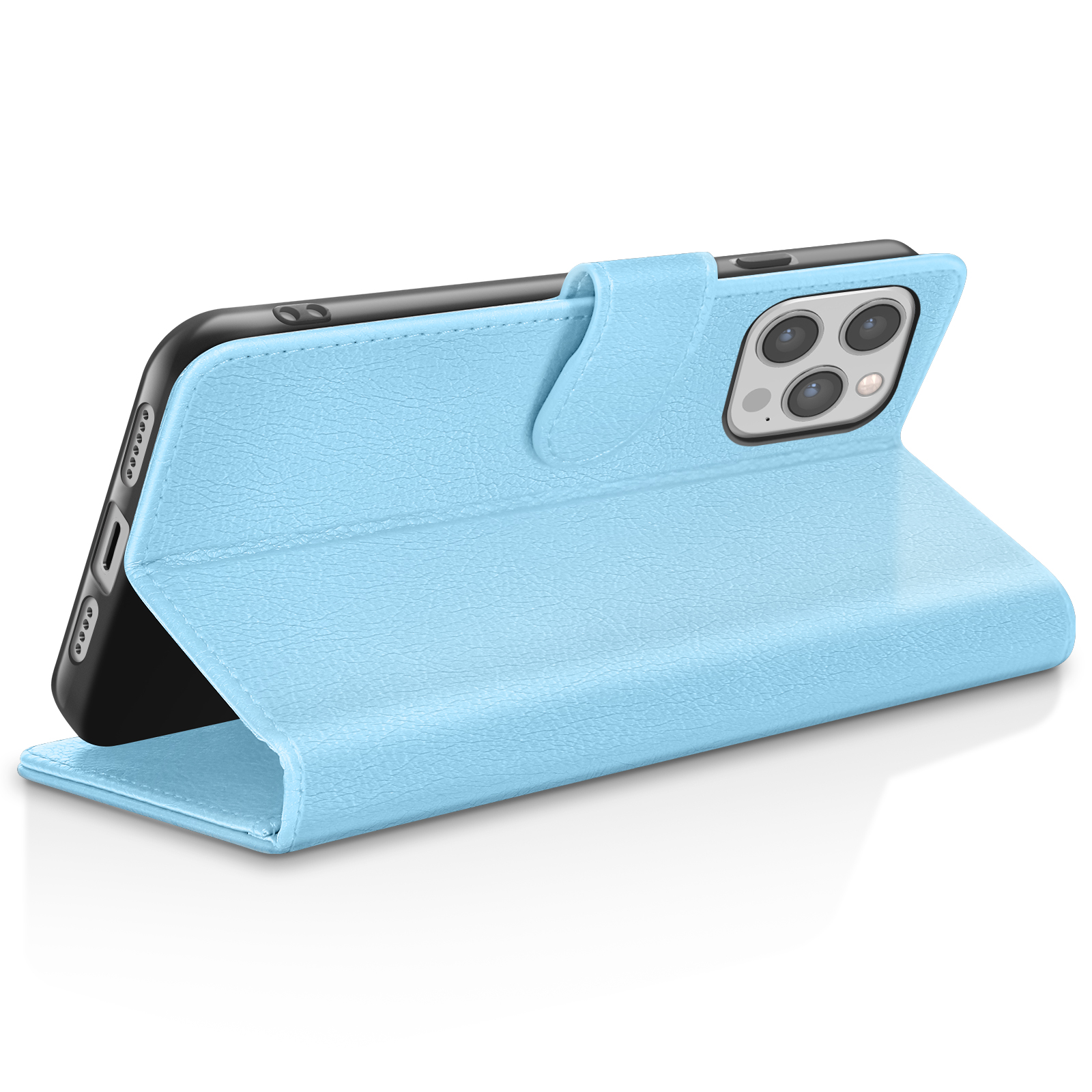Un étui de téléphone bleu clair, ouvert, montrant un téléphone noir. L'étui est texturé en cuir et possède une fermeture à rabat.