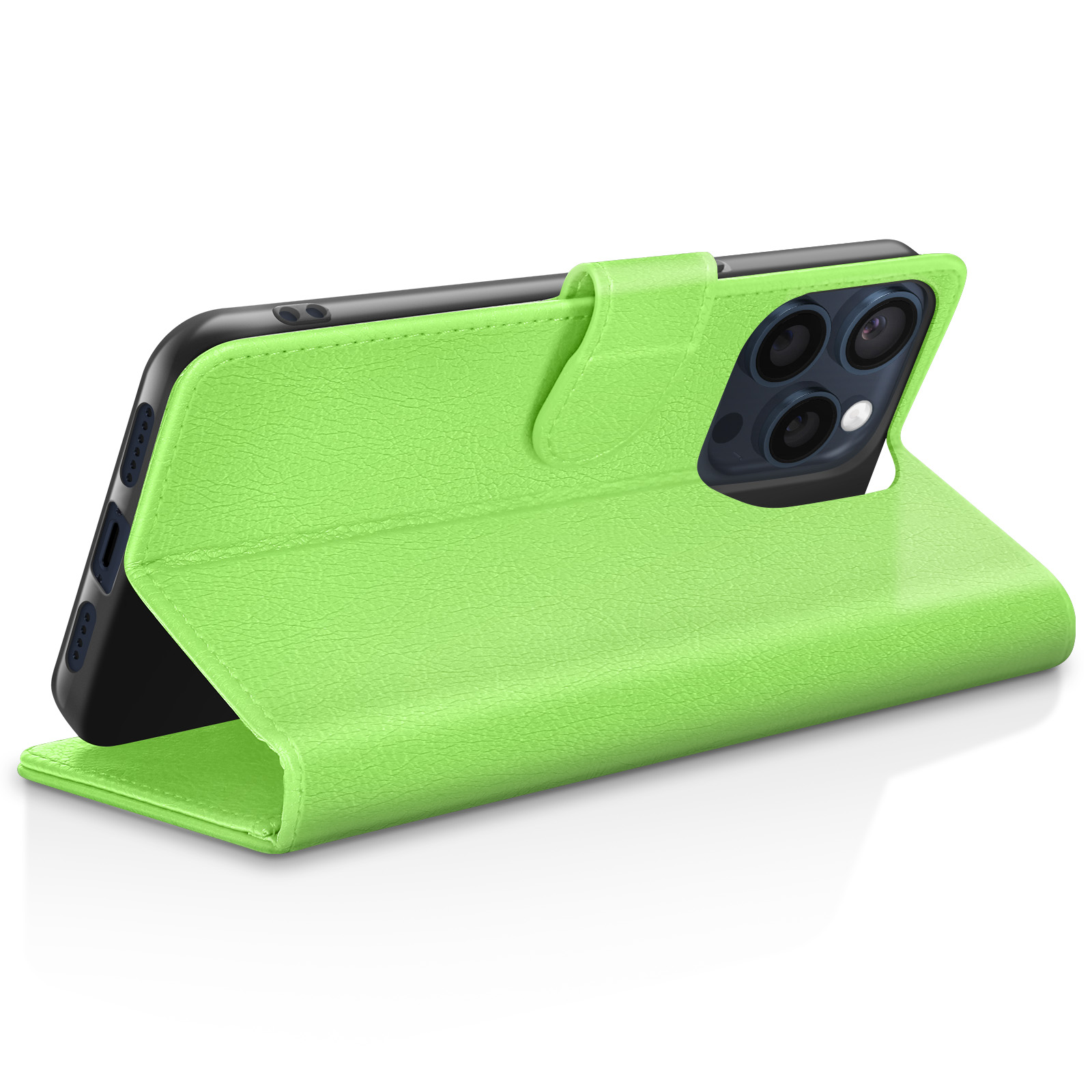 Een limoengroene telefoonhoes in folio-stijl beschermt een zwarte smartphone op een witte achtergrond.