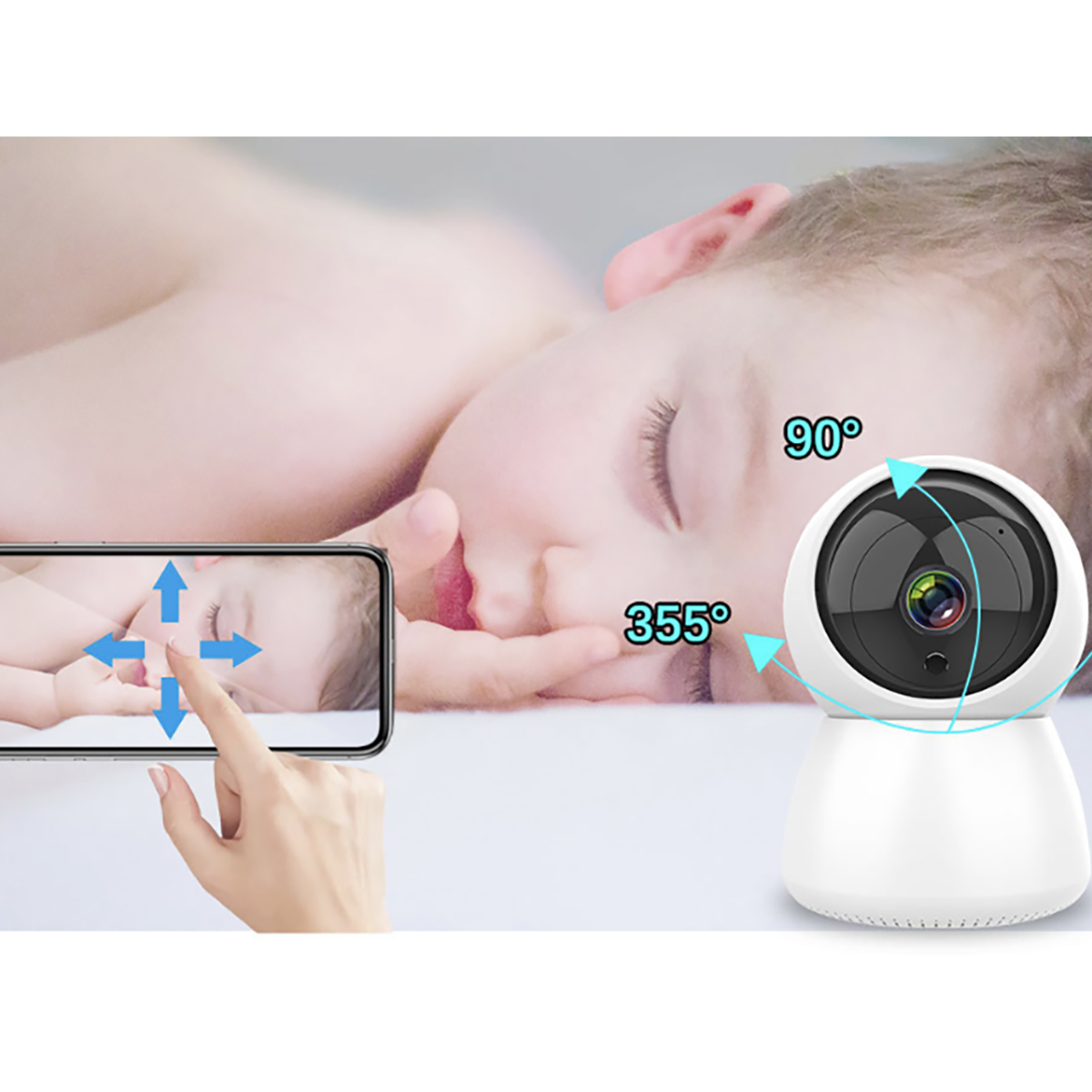 Ein Baby schläft. Eine Hand berührt ein Telefon, das das Baby zeigt. Eine weiße Kamera mit Drehmarkierungen ist daneben.