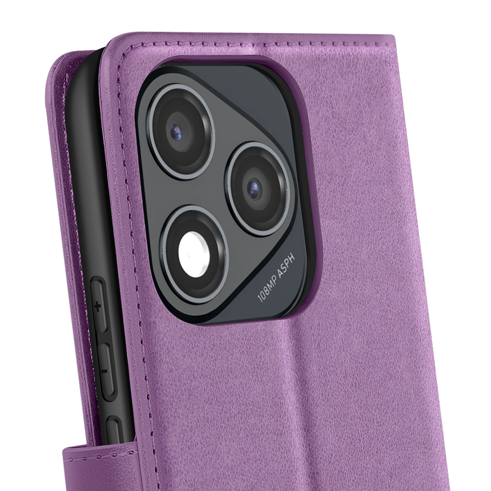Primo piano di una custodia per telefono viola con un telefono all'interno. La fotocamera del telefono ha tre lenti. La custodia è simile alla pelle.