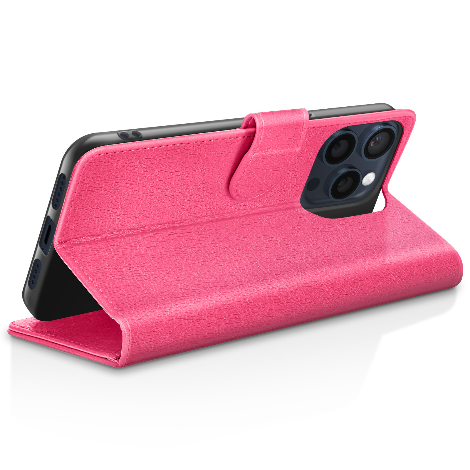 Een roze telefoonhoesje met een telefoon erin. Het hoesje is open en schuin, met de cameralenzen en het scherm zichtbaar.