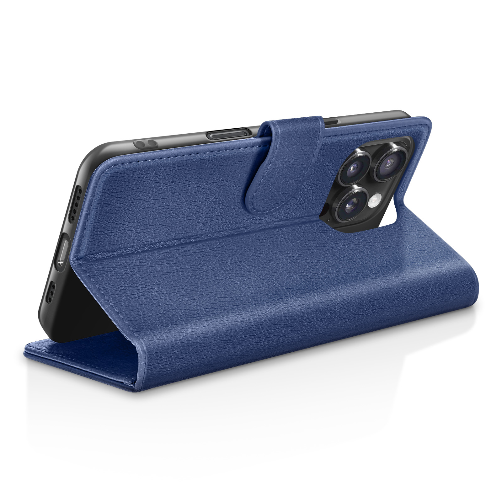 Un étui de téléphone en cuir bleu avec un téléphone à l'intérieur. L'étui est ouvert, montrant la caméra et l'écran du téléphone.