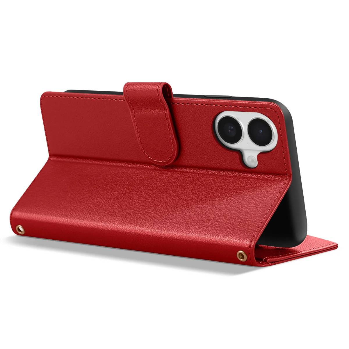 Custodia rossa per telefono aperta, che mostra il telefono. La custodia ha una patta e una chiusura. Fotocamera del telefono visibile. Sfondo bianco.