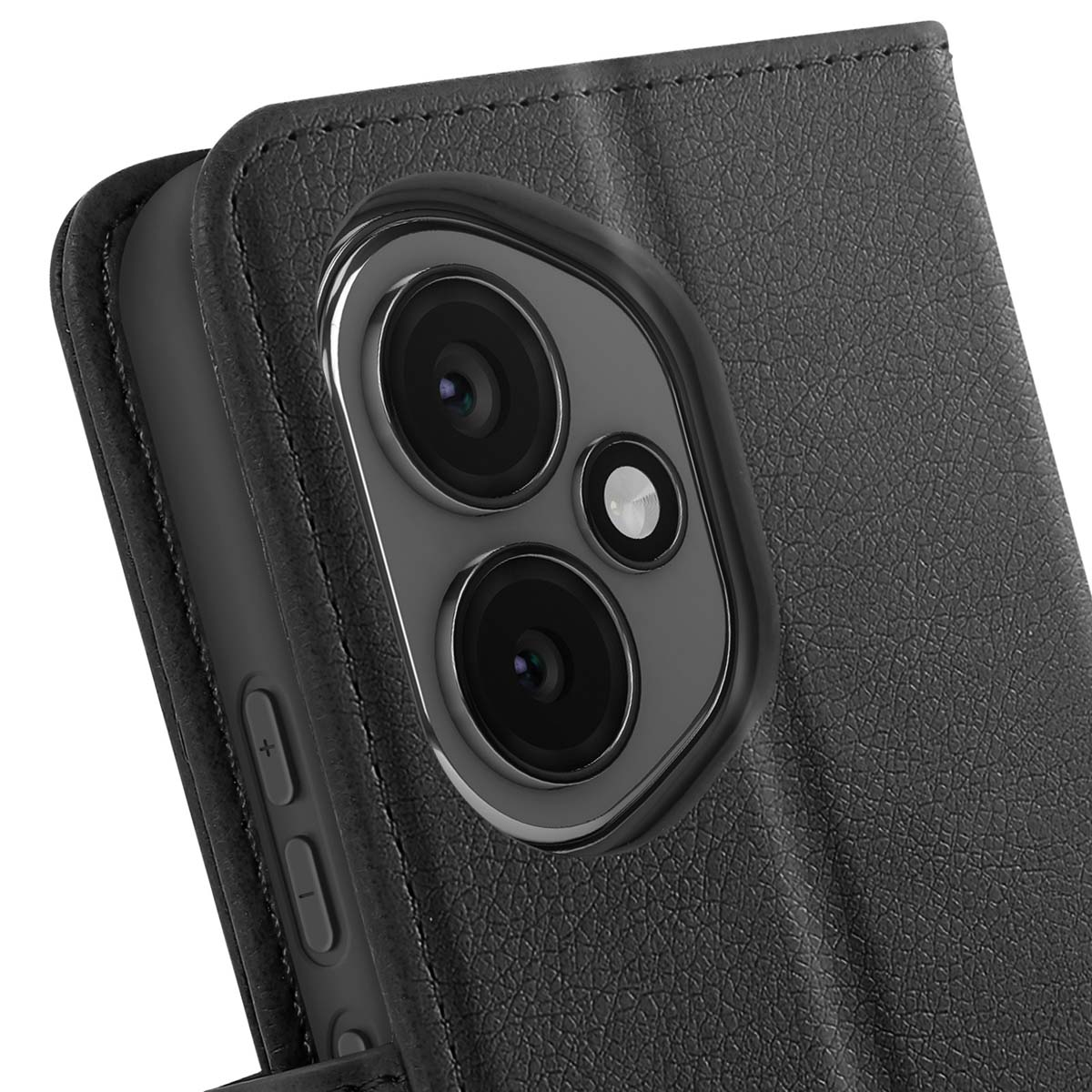 Primo piano di una custodia per telefono nera con un modulo fotocamera a tre lenti. La custodia ha un aspetto in pelle strutturata.
