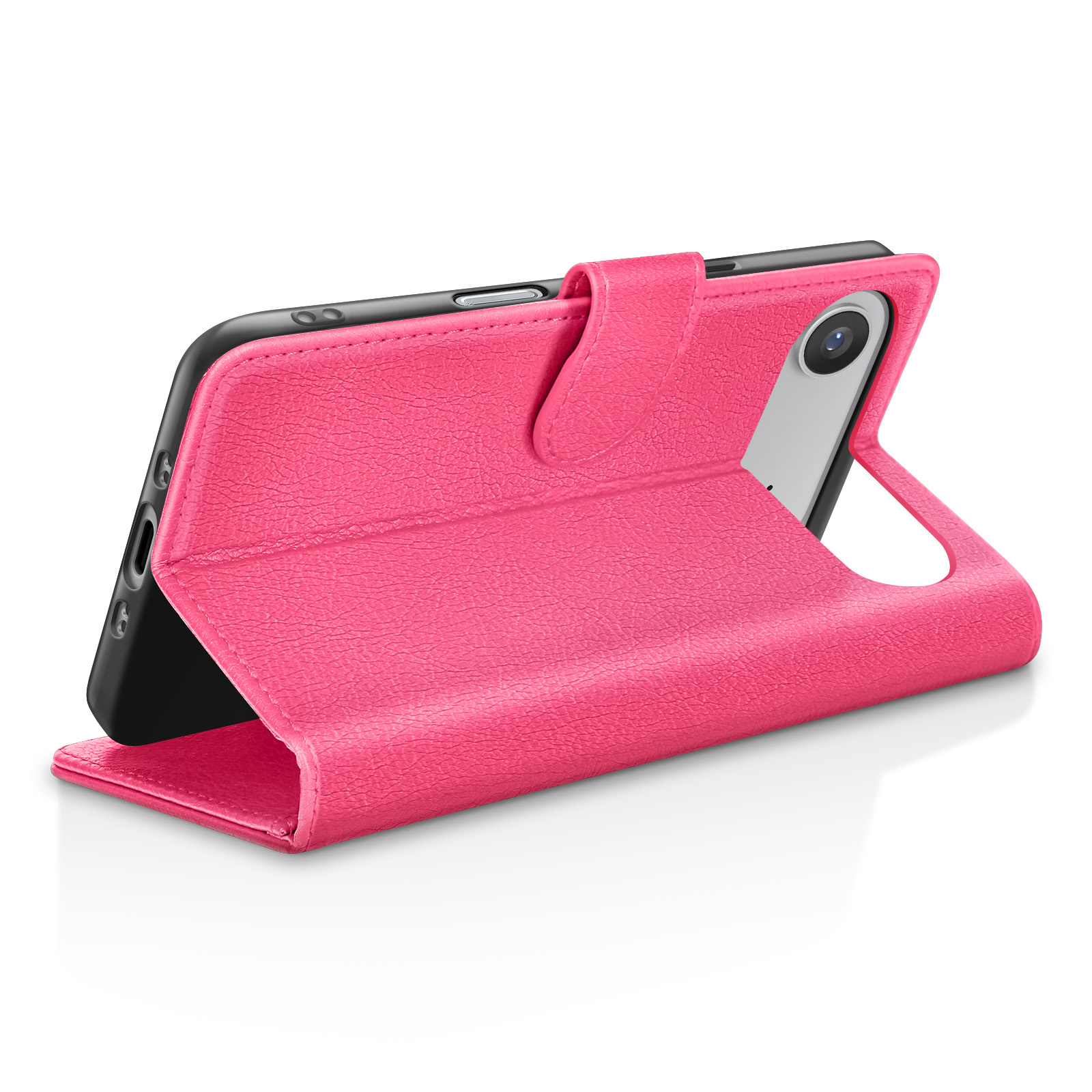 Un étui de téléphone rose est ouvert, révélant un téléphone noir. L'étui est texturé en cuir et possède une fermeture magnétique.