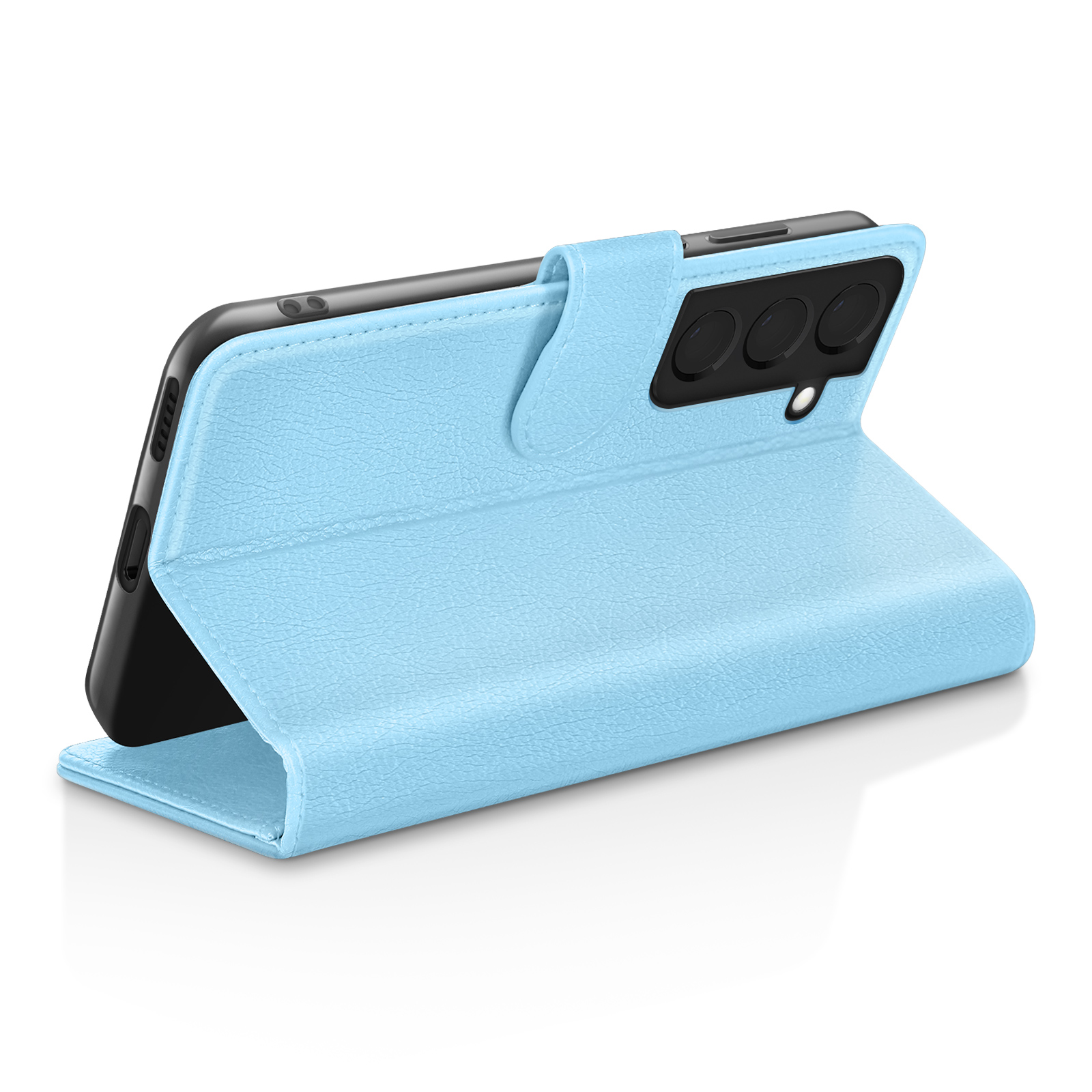 Un étui de téléphone bleu clair avec un téléphone noir à l'intérieur. L'étui est ouvert, montrant les lentilles de l'appareil photo et un bouton.