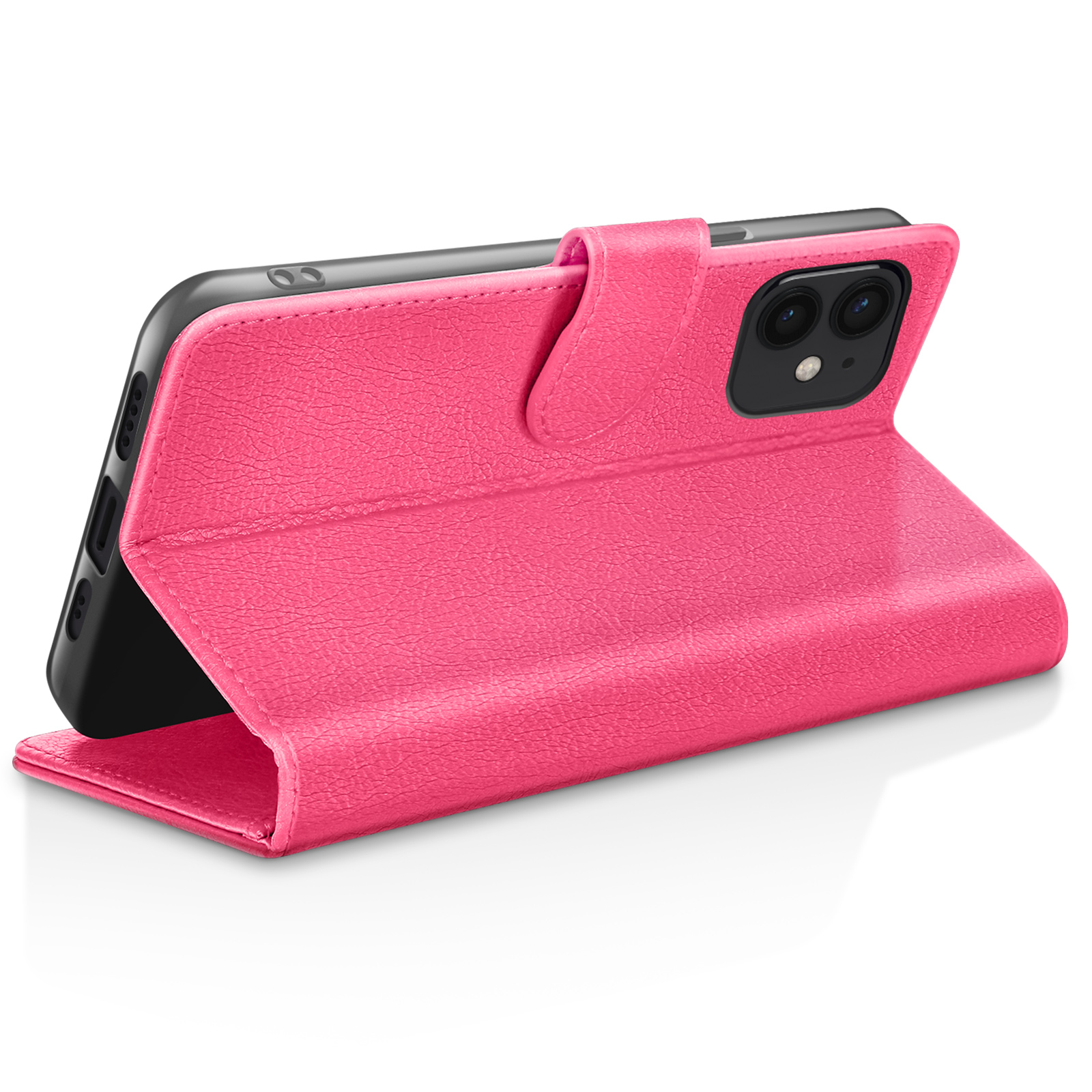 Custodia per telefono rosa, aperta, con un telefono nero. La custodia è in pelle strutturata con chiusura magnetica.