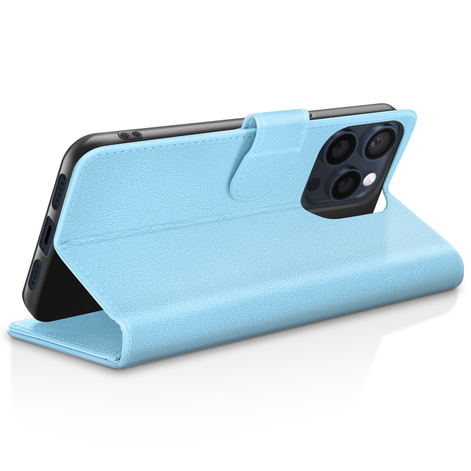 Custodia per telefono azzurra con telefono dentro. La custodia è aperta, mostra fotocamera e schermo.