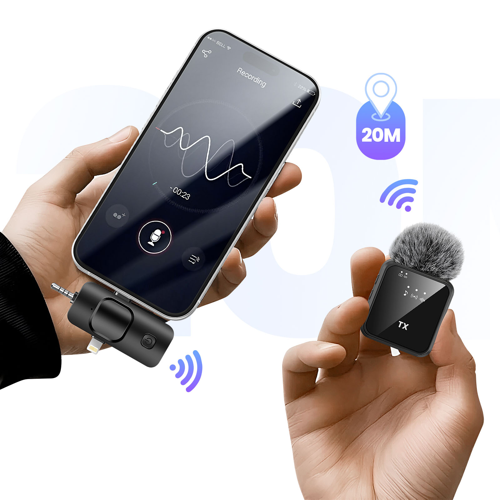 Mani che tengono il telefono che registra l'audio, piccolo microfono e icona del segnale wireless. Il telefono mostra la forma d'onda audio.