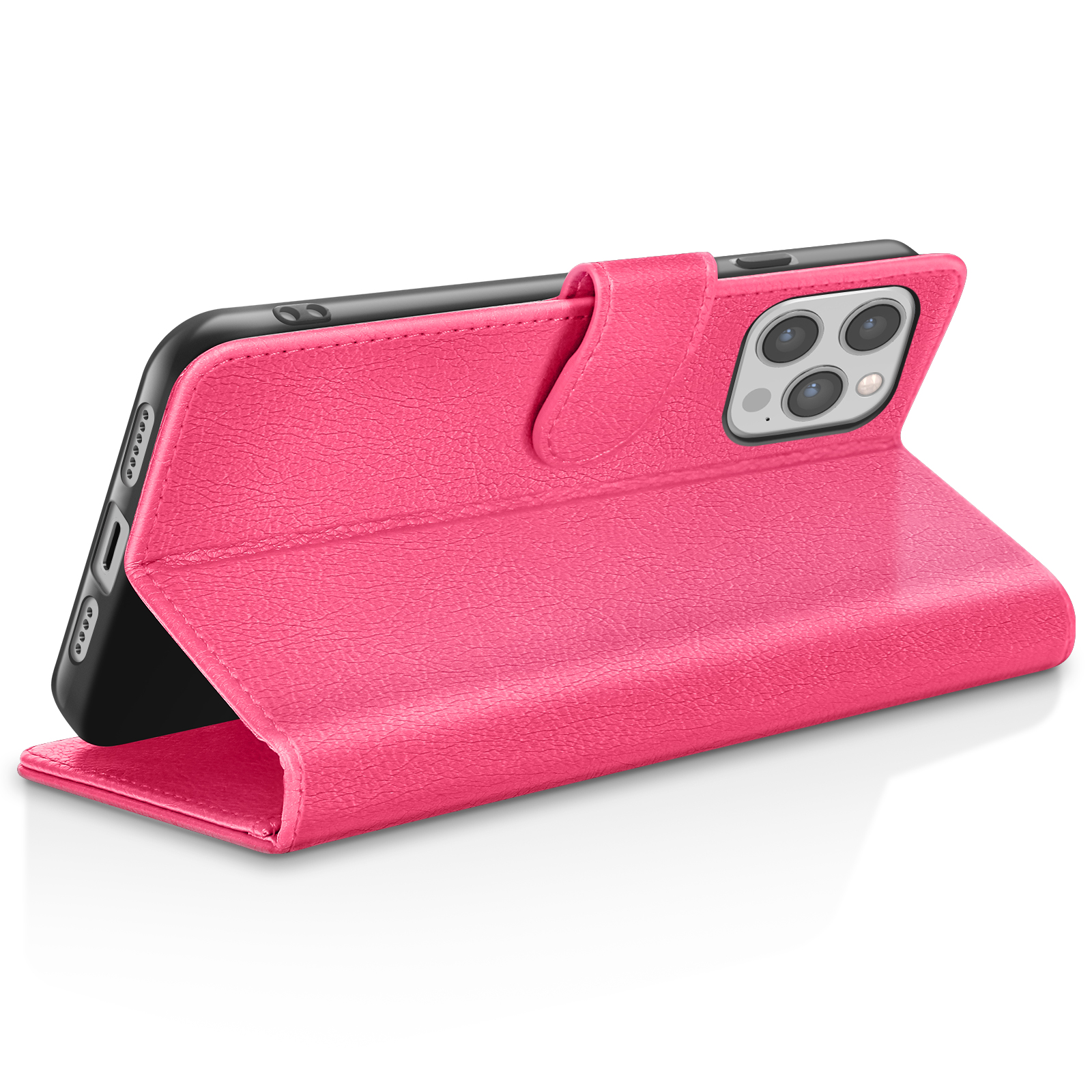 Una custodia rosa per telefono è aperta, che tiene un telefono nero. La custodia è strutturata in pelle e ha una chiusura magnetica.