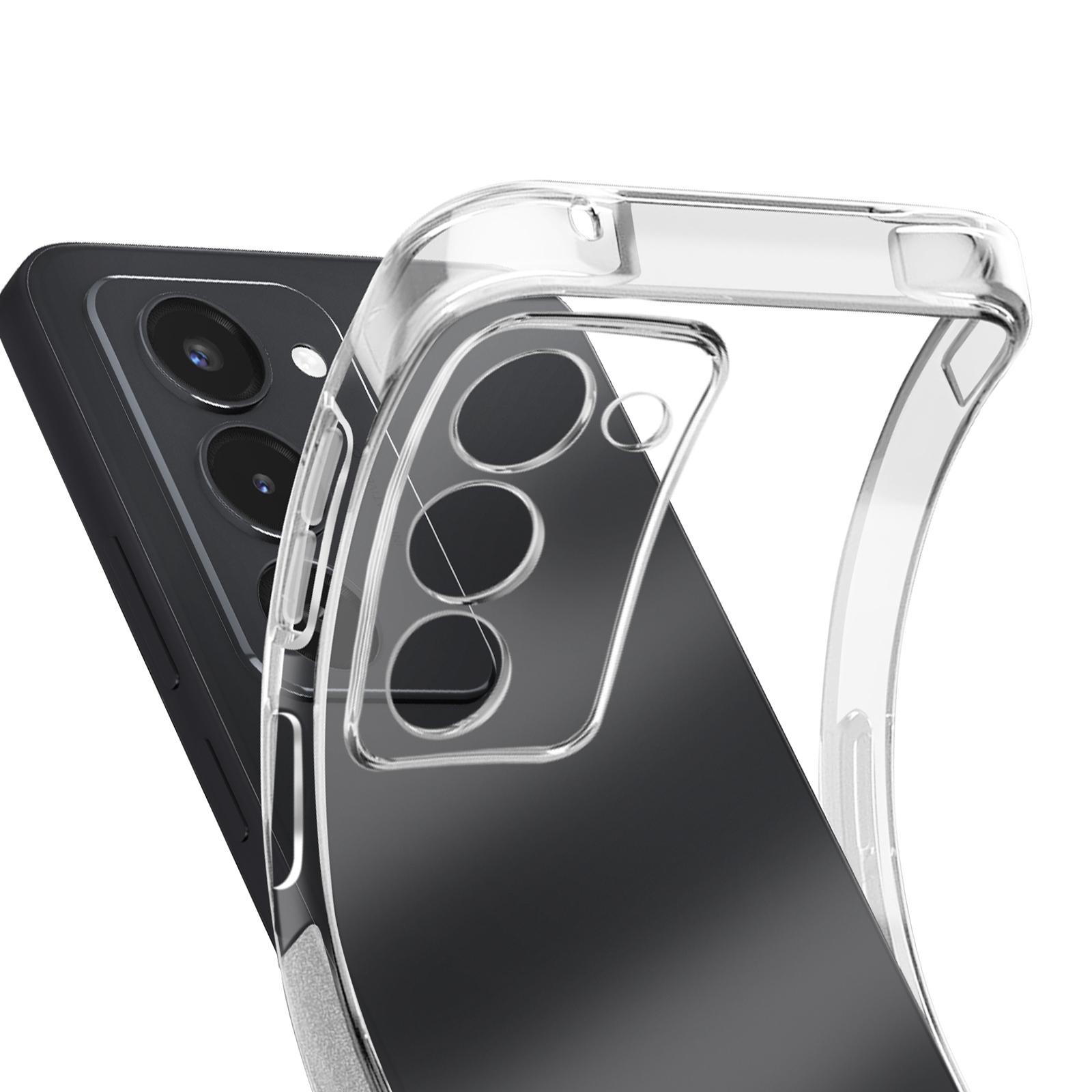 Eine transparente Handyhülle wird über ein schwarzes Telefon gelegt. Das Telefon hat drei Kameralinsen. Der Hintergrund ist weiß.