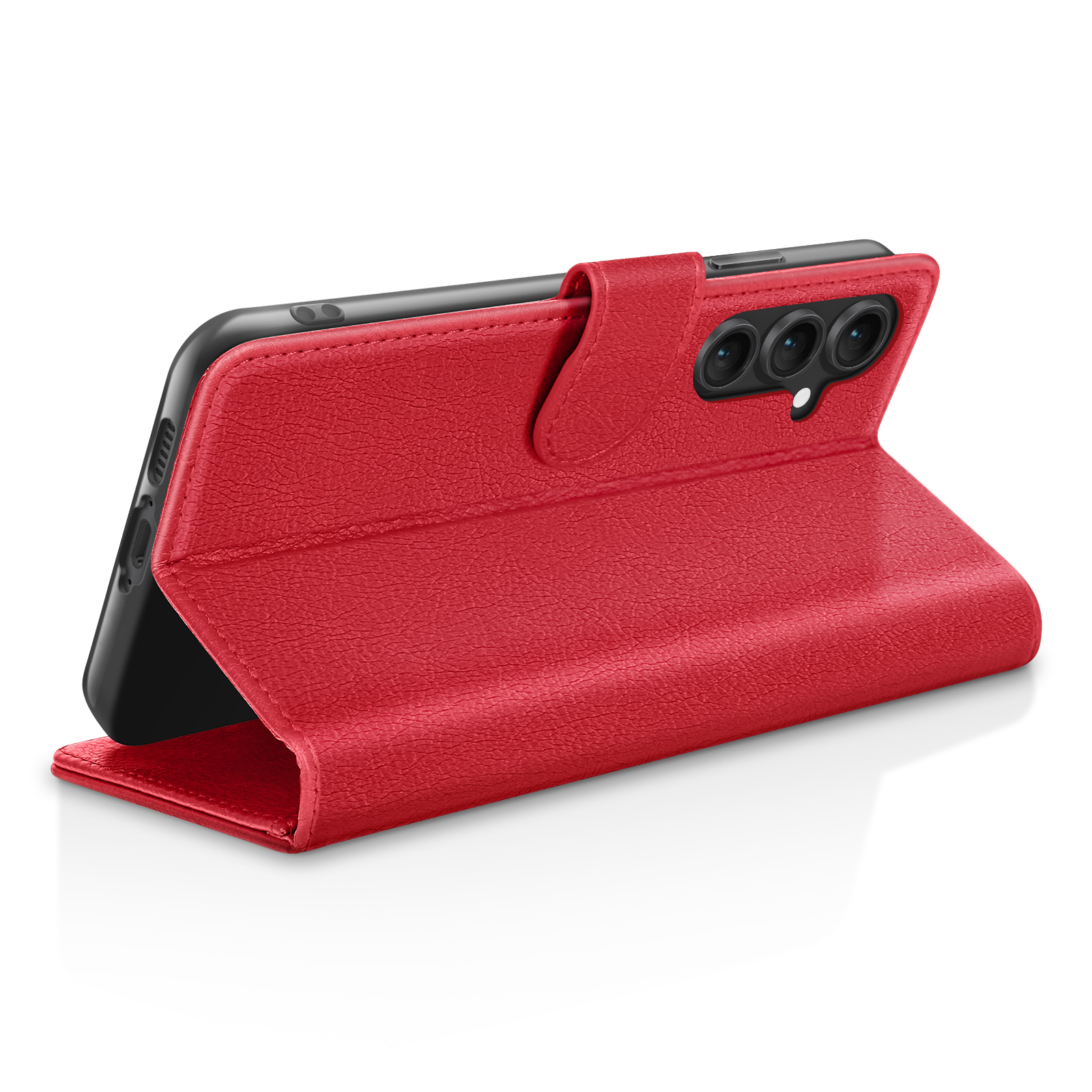 Un étui de téléphone rouge avec un téléphone à l'intérieur. L'étui est ouvert et incliné, montrant l'appareil photo.