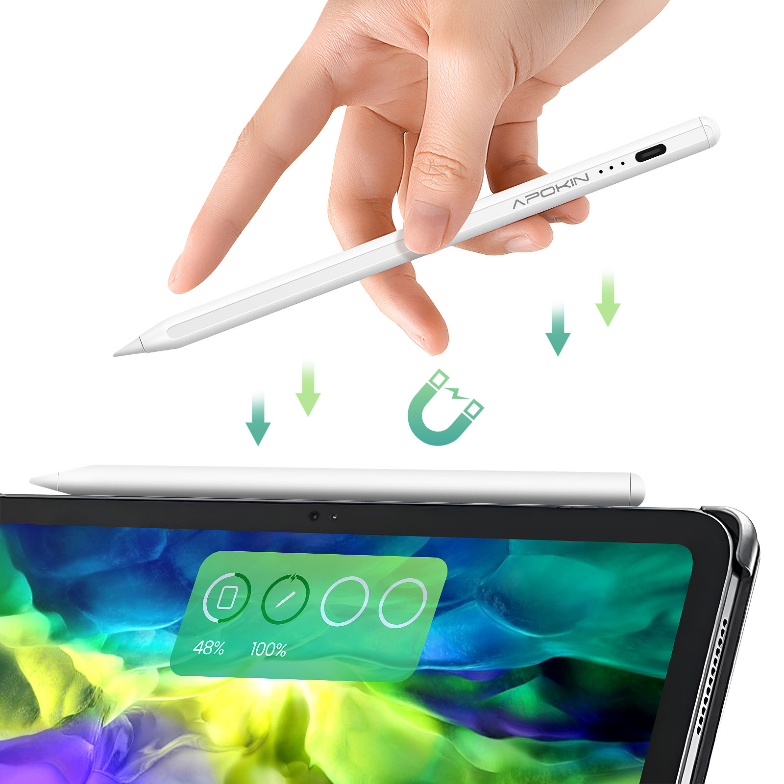 Una mano posiziona una stilo bianca vicino a un tablet. Il tablet mostra lo stato di carica. Sono presenti frecce verdi e un'icona a calamita.