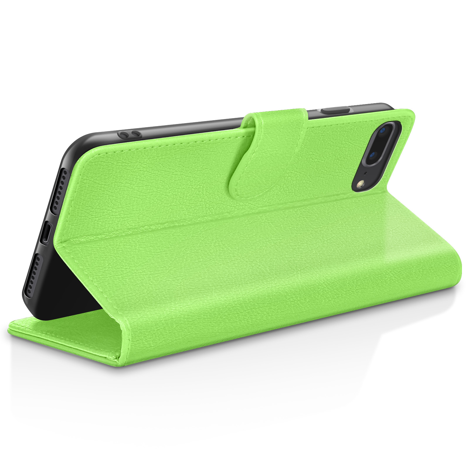 Een limoengroene telefoonhoes, open, met een zwarte telefoon. De hoes heeft een leertextuur. Witte achtergrond.