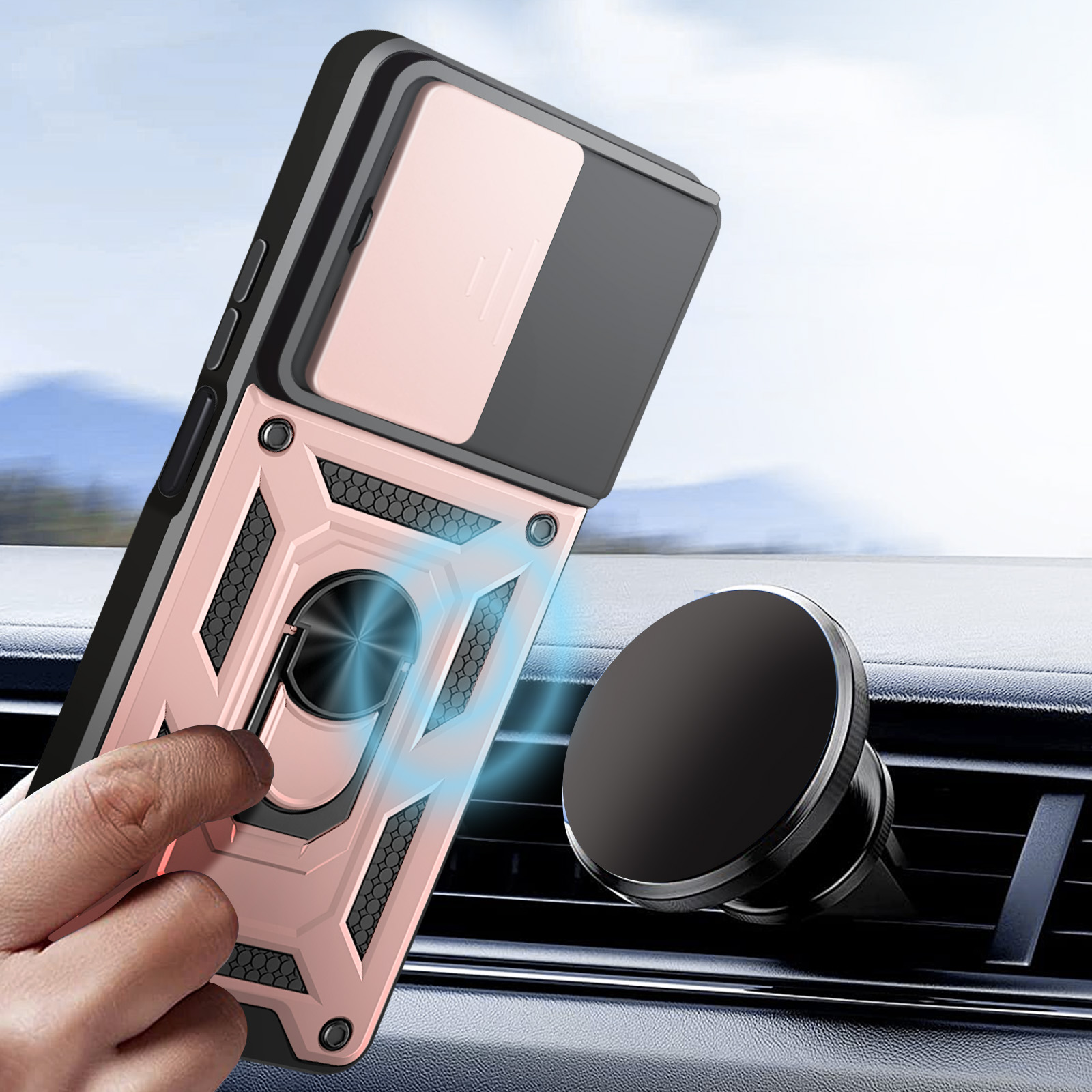 Eine Handyhülle wird in der Nähe einer Auto-Lüfterhalterung gehalten. Die Hülle ist rosa und schwarz. Die Halterung ist schwarz.