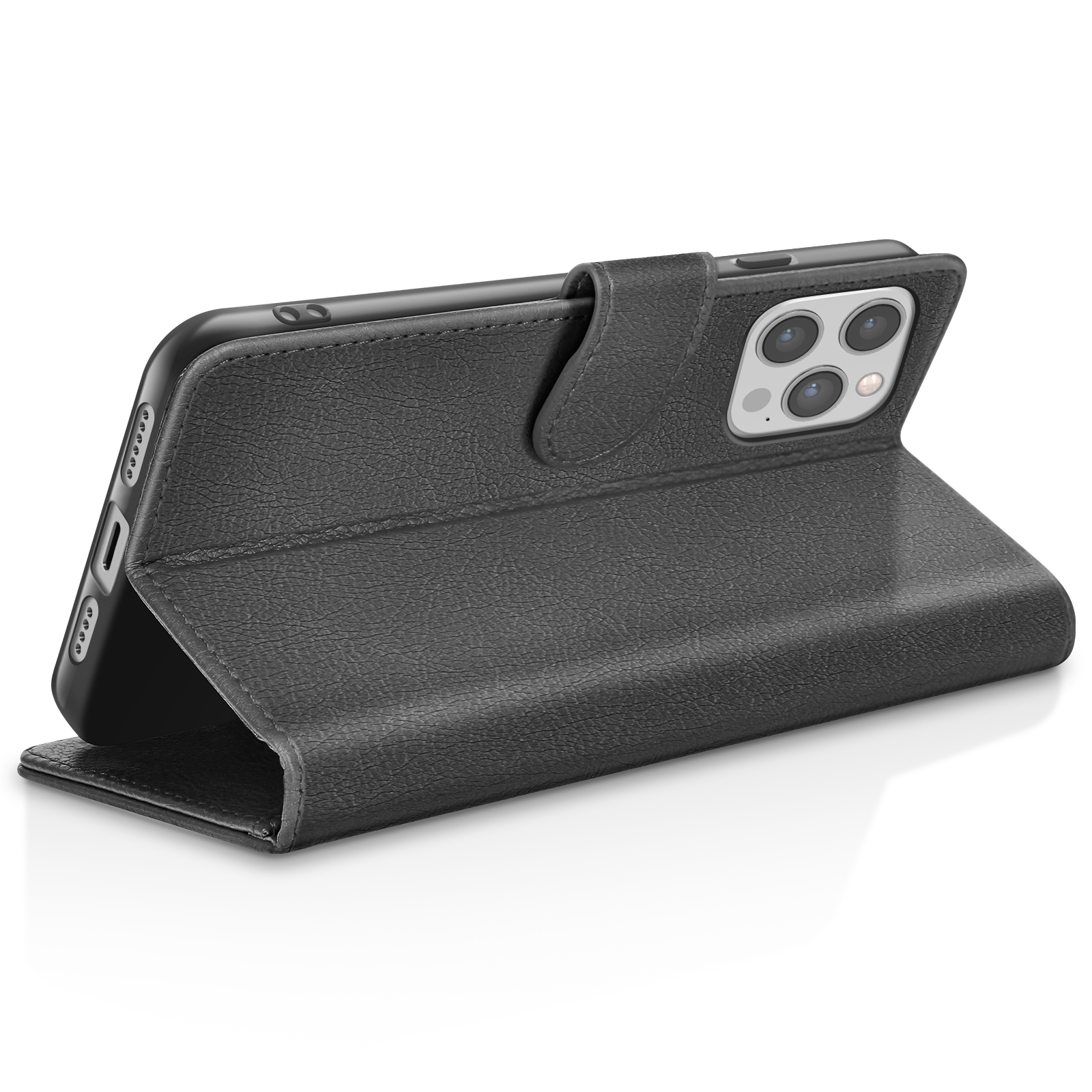 Una custodia per telefono in pelle nera con un telefono dentro. La custodia è aperta, mostrando la fotocamera e lo schermo del telefono.