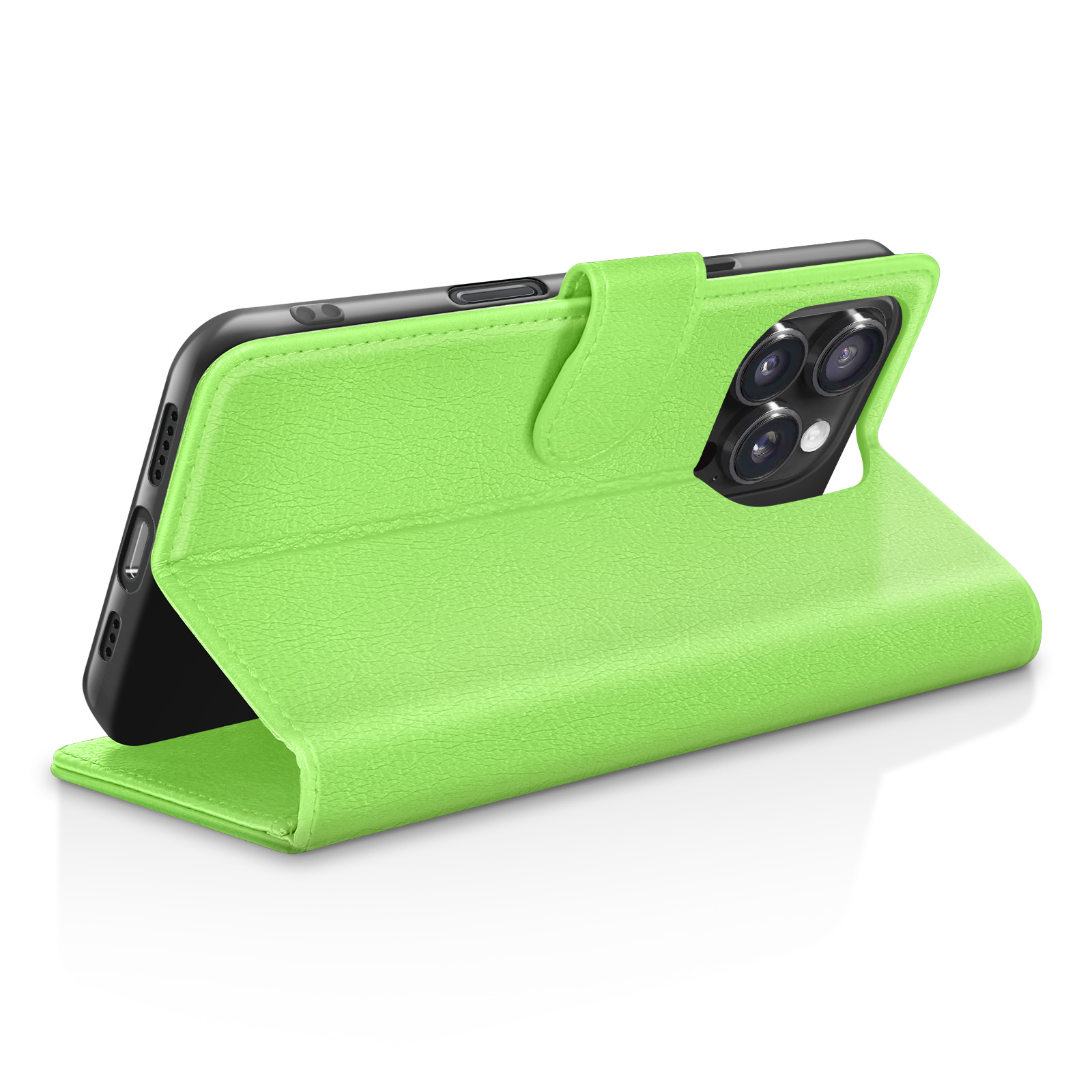 Een groene telefoonhoes met een telefoon erin is open. De hoes ligt op een wit oppervlak.