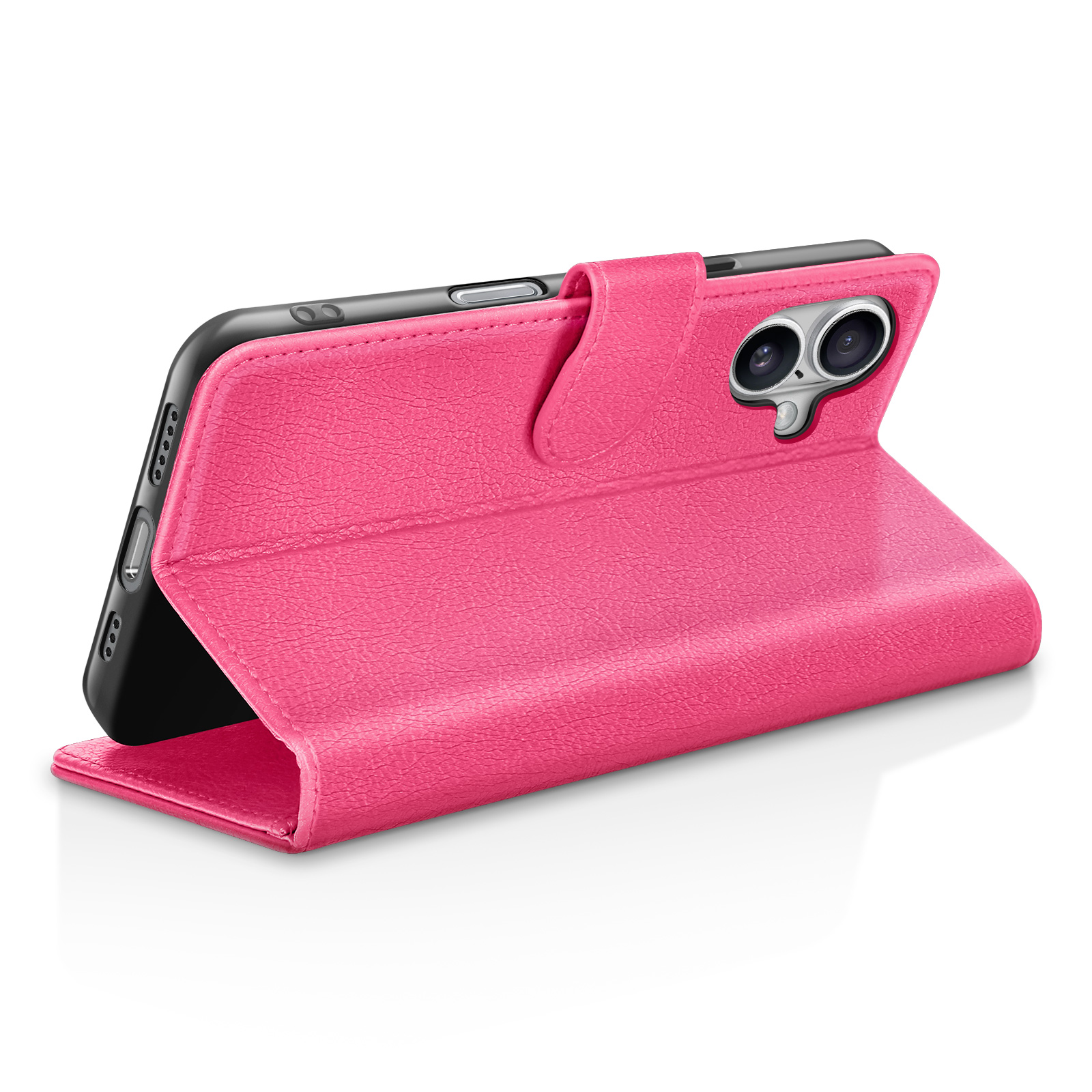 Una custodia rosa per telefono è aperta, mostrando il telefono. La custodia è in pelle strutturata con chiusura magnetica. Sfondo bianco.