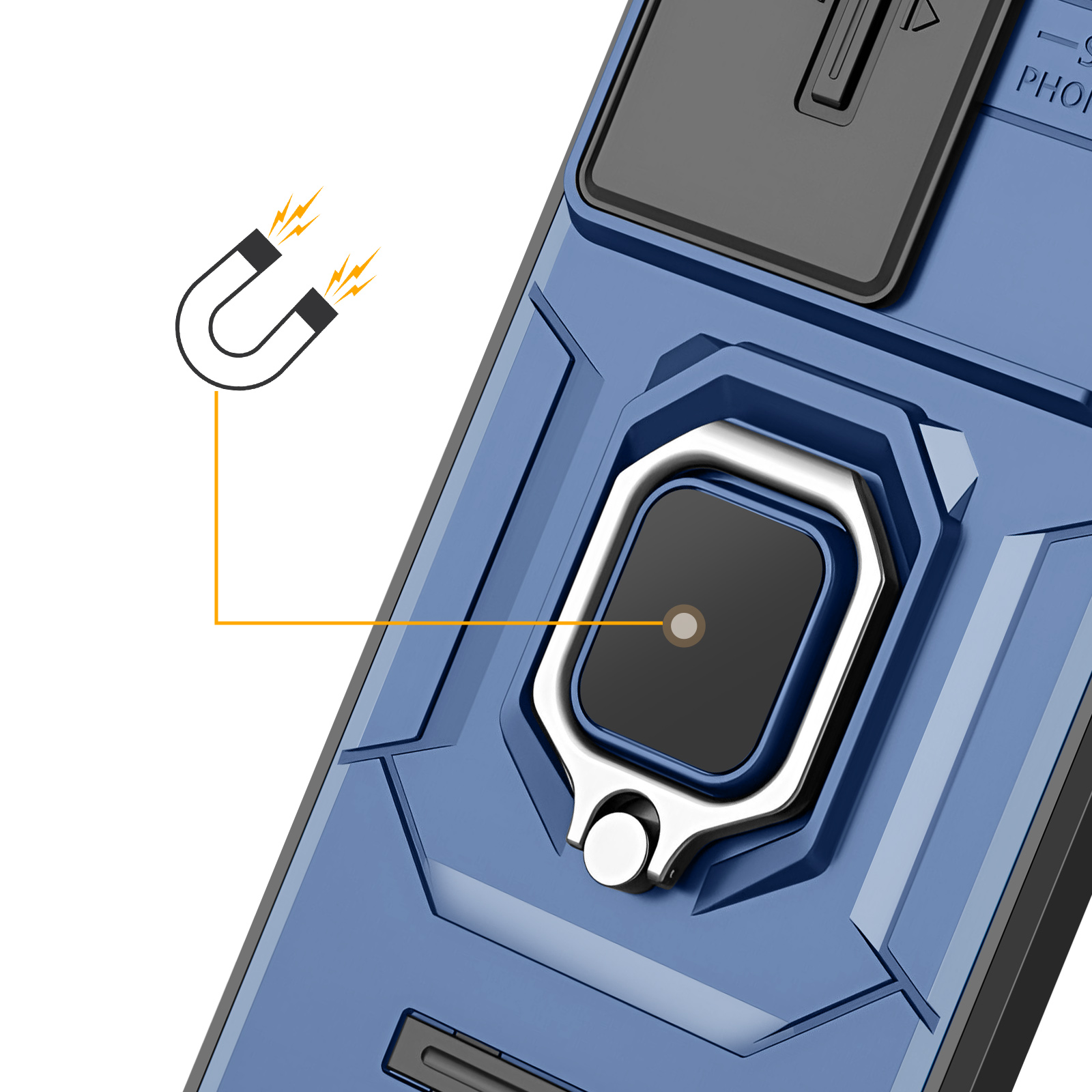 Una custodia blu per telefono con supporto ad anello. Un magnete indica il supporto.