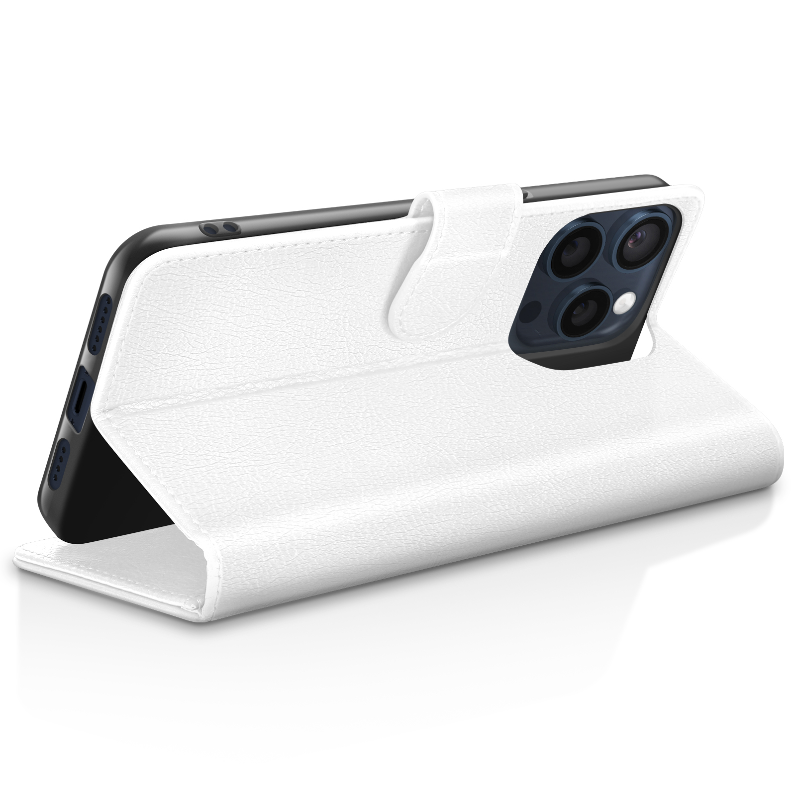 Un étui de téléphone blanc est ouvert, tenant un téléphone noir. L'étui est en simili cuir avec une fermeture magnétique.