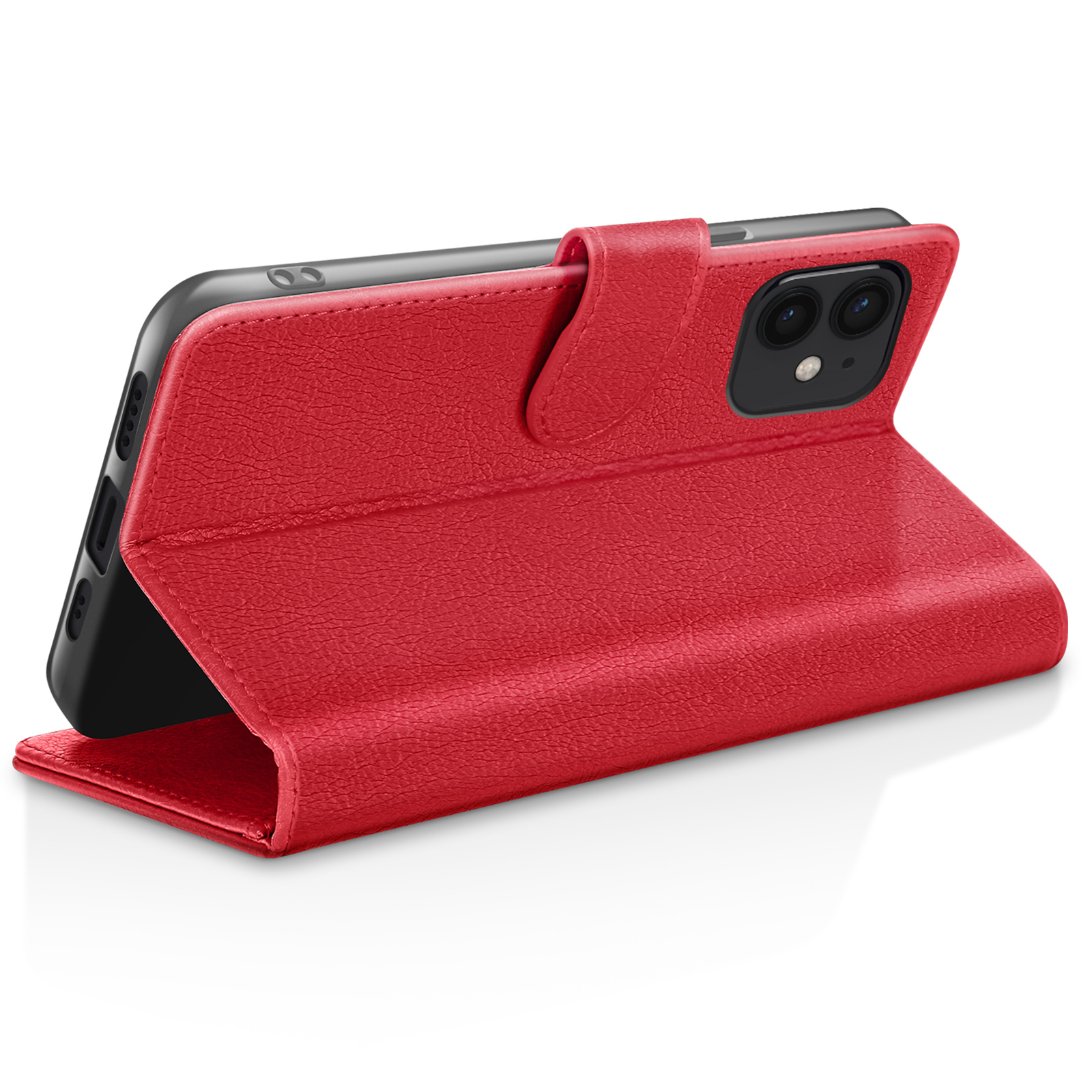 Een rode leren telefoonhoes, open, met een zwarte telefoon. De hoes ligt op een wit oppervlak.