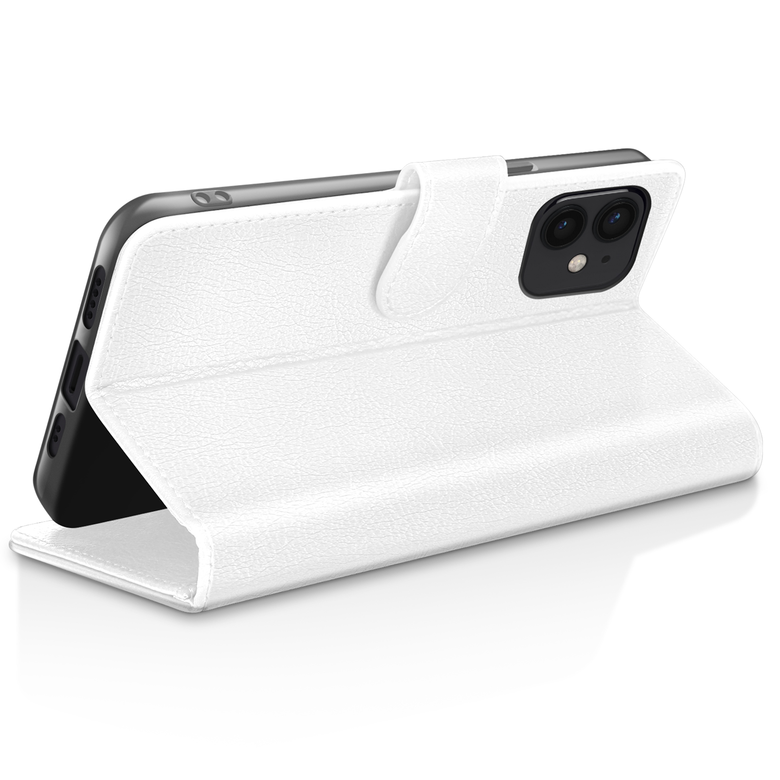 Custodia bianca per telefono in posizione aperta, con un telefono nero all'interno. La custodia ha una superficie strutturata e una chiusura magnetica.