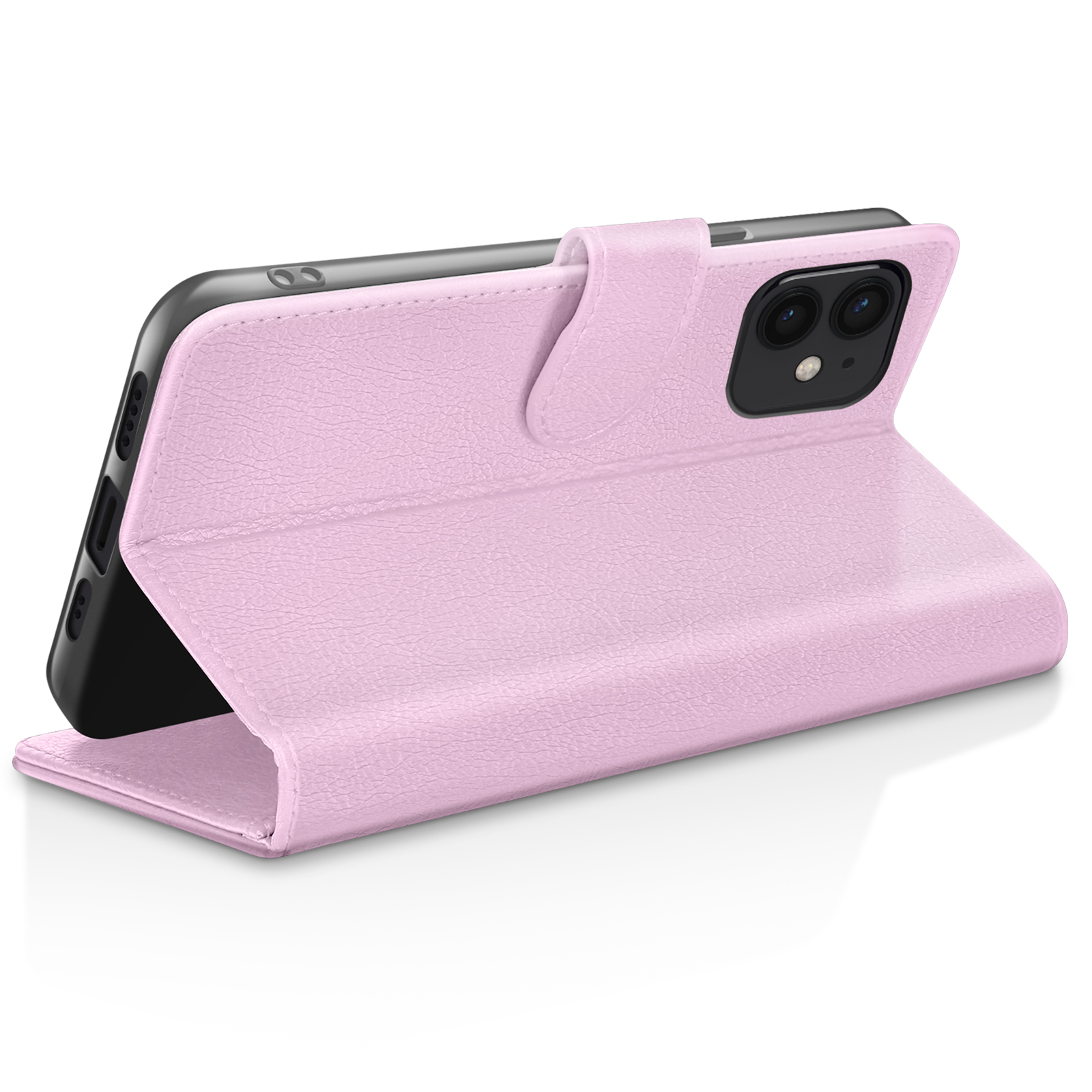 Een roze telefoonhoes is open en toont een zwarte telefoon. De hoes is van leer, met een magnetische sluiting.
