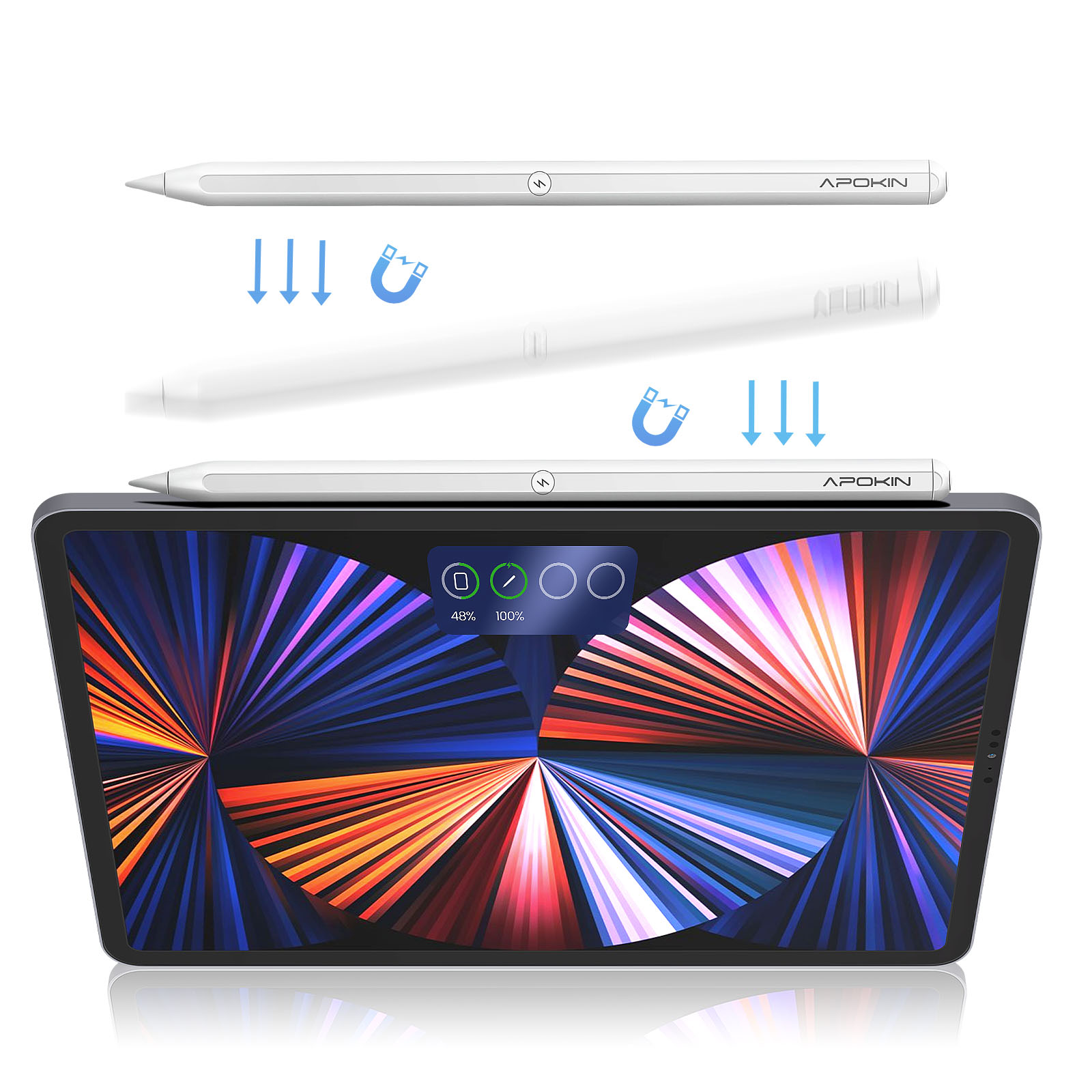Stilo bianco con frecce, un tablet che mostra un display colorato. Lo stilo è magnetico.